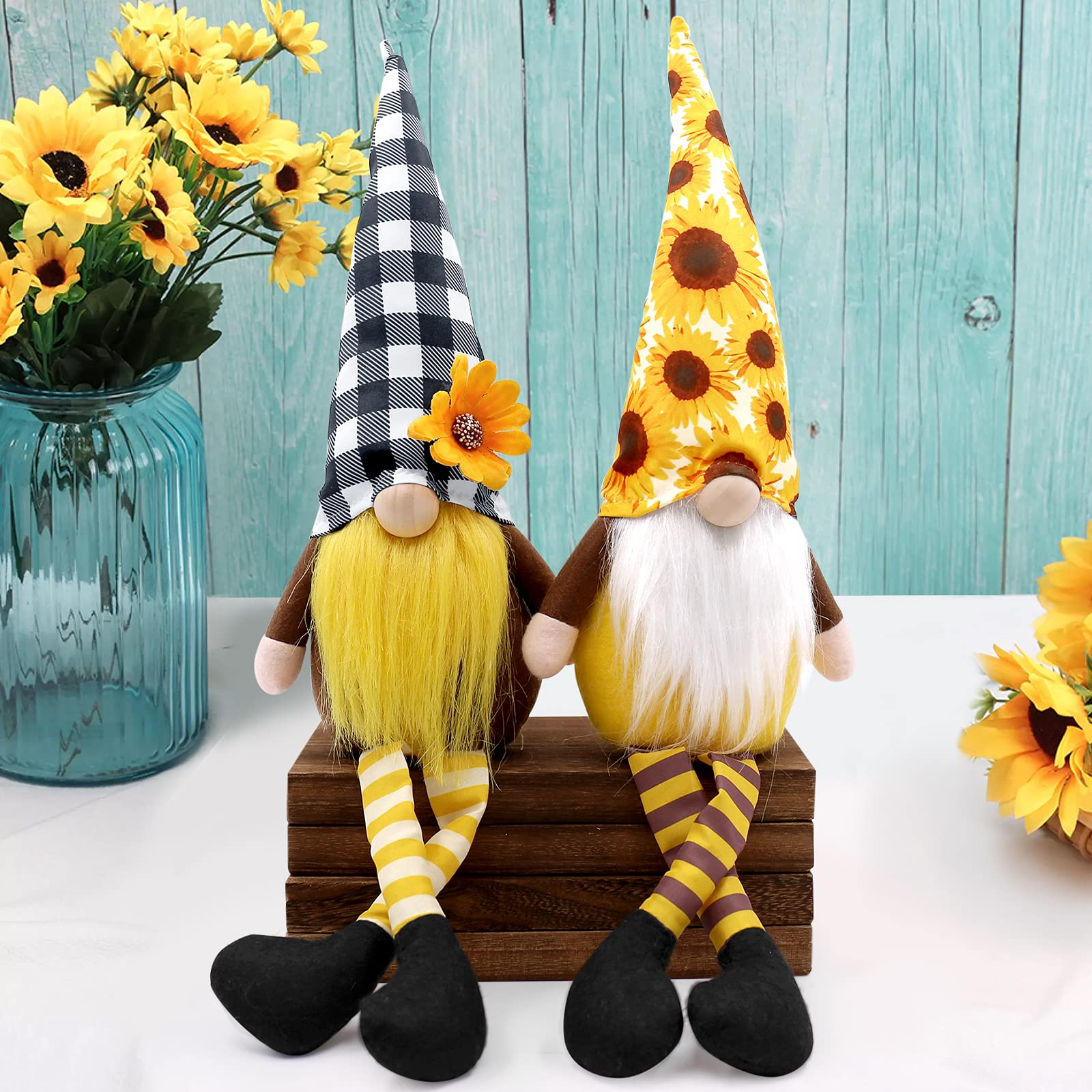 Sunflower Gnomes Decorations Fall Yellow Black White Buffalo Plaid Long Legged Gnomes Plush Farmhouse Handmade Scandinavian Tomte Tiered Tray Kitchen Home Decor Thanksgiving Gift Ideas Set of Two