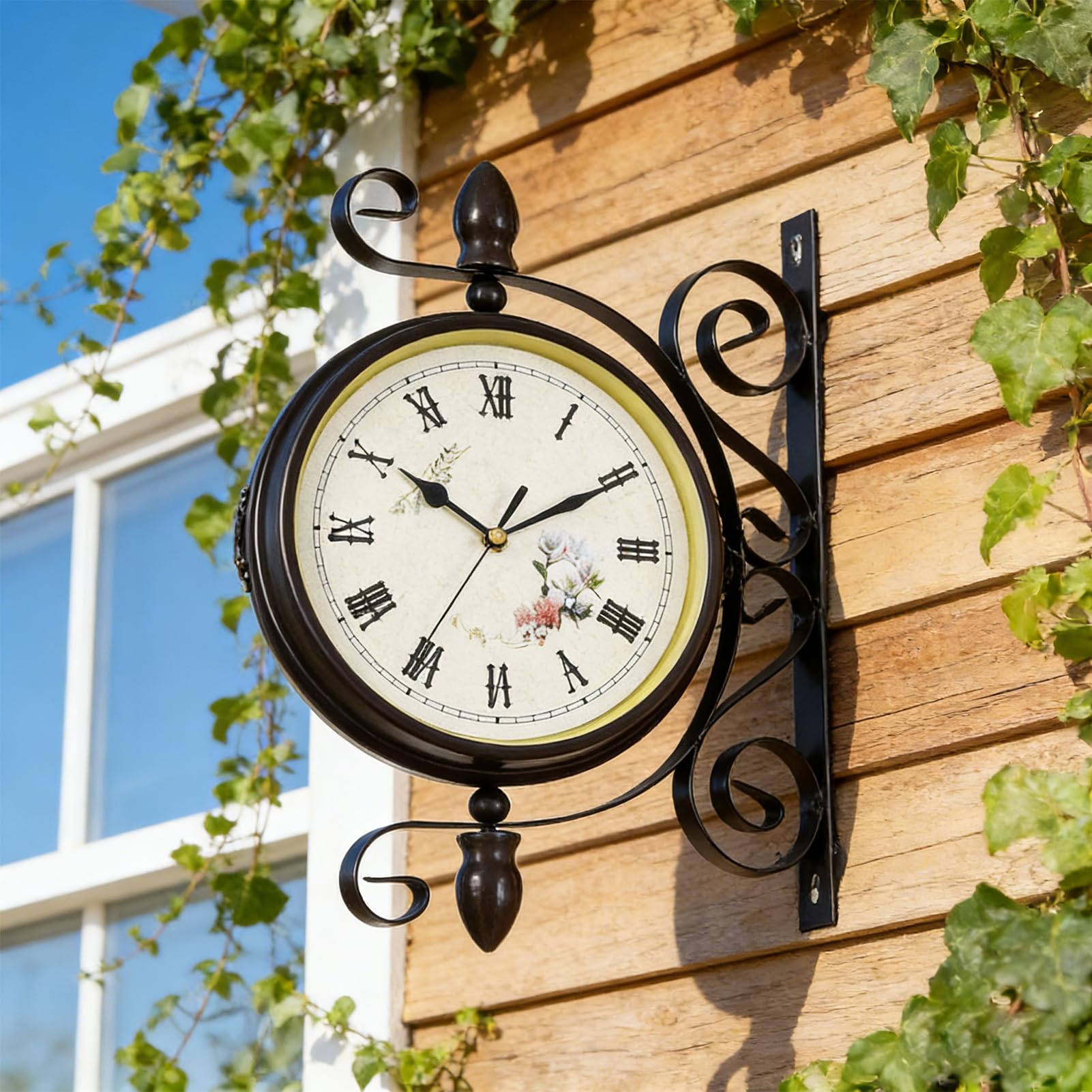 Bahnhofsuhr doppelseitig,Wanduhr im antiken Stil,30 X 40cm,Batterie, Eisen Bahnhof Stil,Metall, Zwei Gesichter,Gartenuhr im Vintage-Stil für Bahnhof, Flur oder Garten (ländlich-Braun)