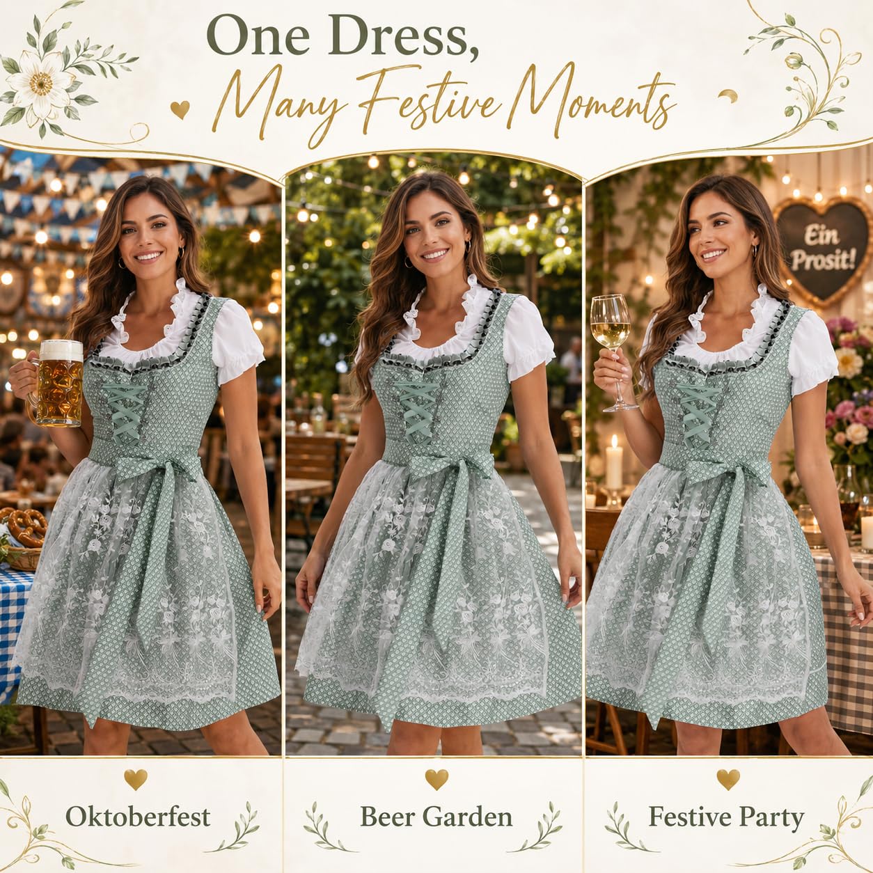 Dirndl Damen Oktoberfest Damen Outfit Midi Dirndlkleid Trachtenkleid inkl. Trachtenrock Dirndlbluse Dirndlschürze, Dirndl Kleidung Trachtenmode Kleid Schlicht Tracht Dirndlkleid Schürze Spitze Kleid