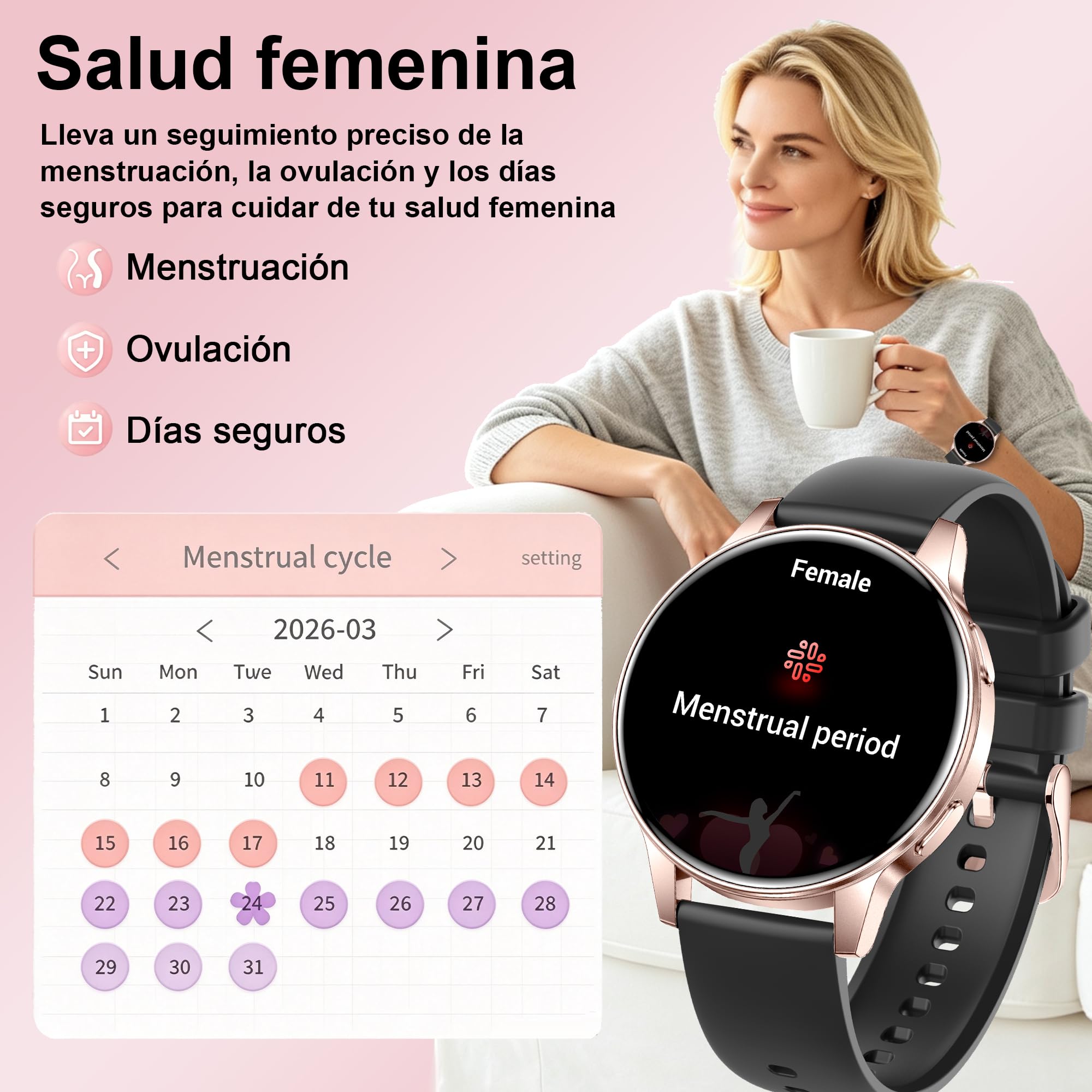 Reloj Inteligente Mujer con Llamadas, 1.27" HD Redondo 3 Correas