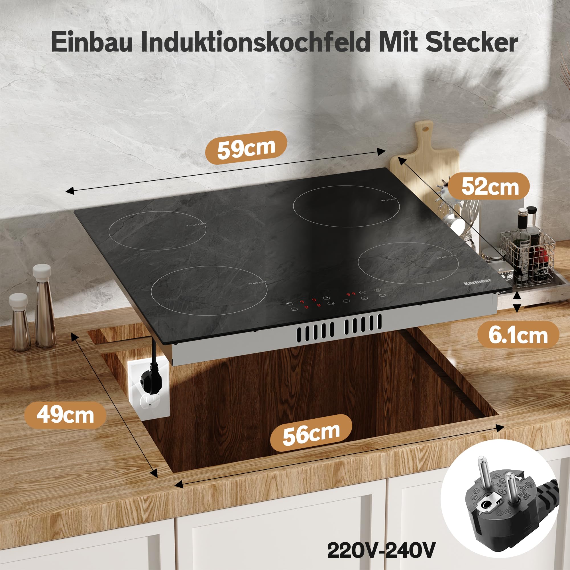 Karinear Induktionskochfeld 60 cm 4 Platten, 3500W 9 Leistungsstufe, Timer, Kindersicherung, 220-240V