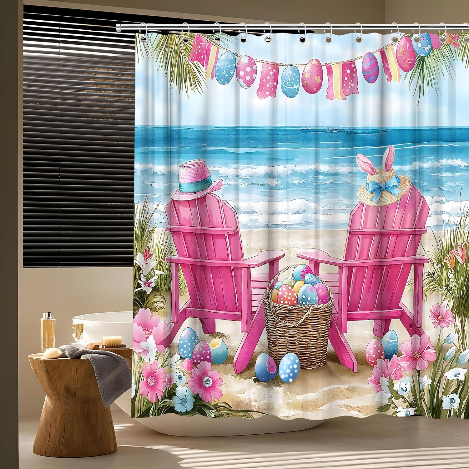 Easter Beach Scene Shower Curtain Tropical OceanEggs Beachy Recliner Chair Palm Leaf Floral Plant Watercolor Seaside Landscape Bath Curtain Fabric Bathroom Accessories Decor with Hooks 90W x70L