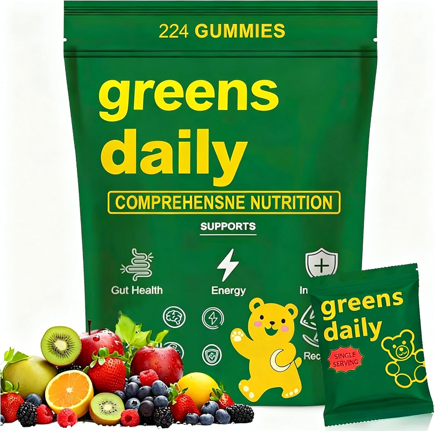 Greens Gummies - Organic Chlorella and Spirulina, Multivitamin Superfood Gummy Bears with Prebiotics, and Fiber, Adaptogen Digestive Health Multivitamin Supplement 224 Gummies Bear