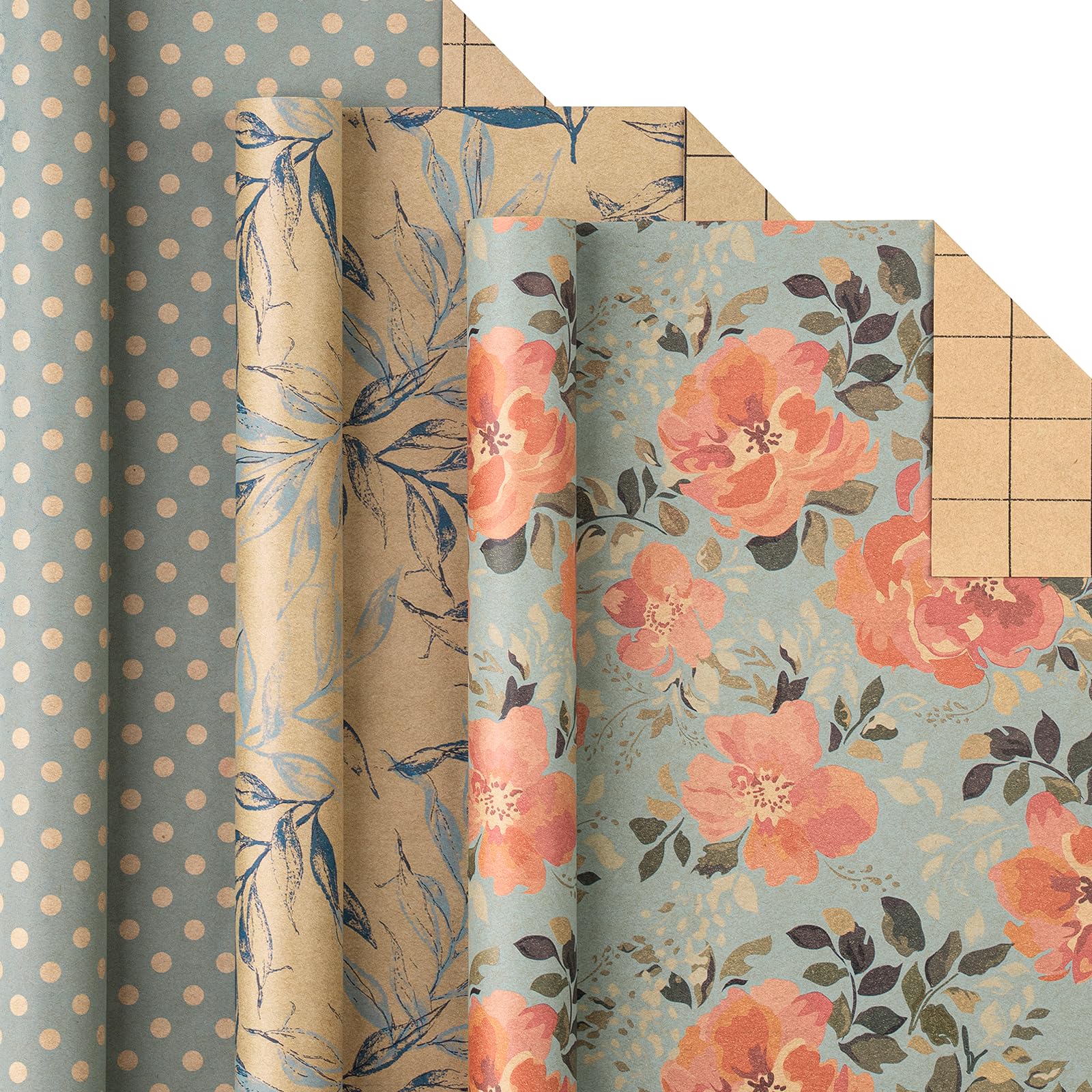 Vintage Wrapping Paper with Tags, Jute String, Mini Roll, 17 inches x 10 feet per Roll, Total of 3 Rolls, Spring