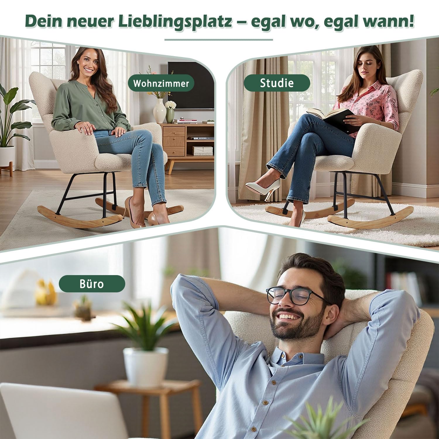 Schaukelstuhl mit weichem Lammfellimitat Beiger Relaxstuhl im Skandi-Stil gepolstert & ergonomisch ideal fürs Wohnzimmer Schlafzimmer