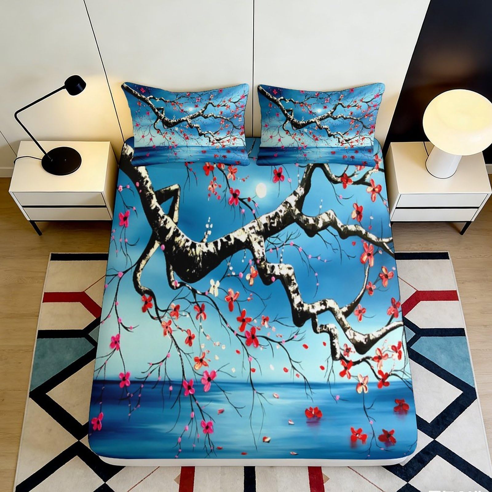 3D Printed Cherry Blossom Fitted Sheet Microfiber Anti-slip Floral Branch Mattress Cover for Bedroom Guest Decor 90x200x25cm