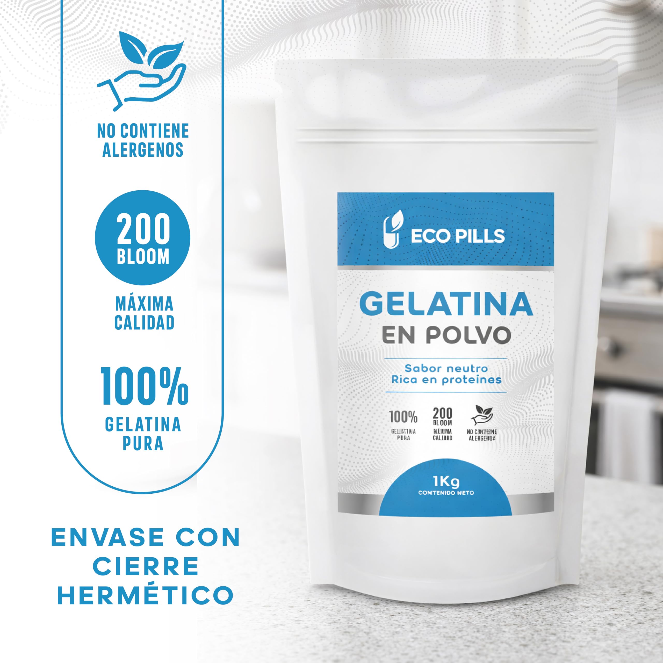 Gelatina en Polvo 1 kg, Sin Sabor, 220 Bloom, 100% Pura, Alta en Proteínas, Fácil de Disolver, Ideal para Repostería, Postres, Batidos, Caldos y Sopas (1Kg)
