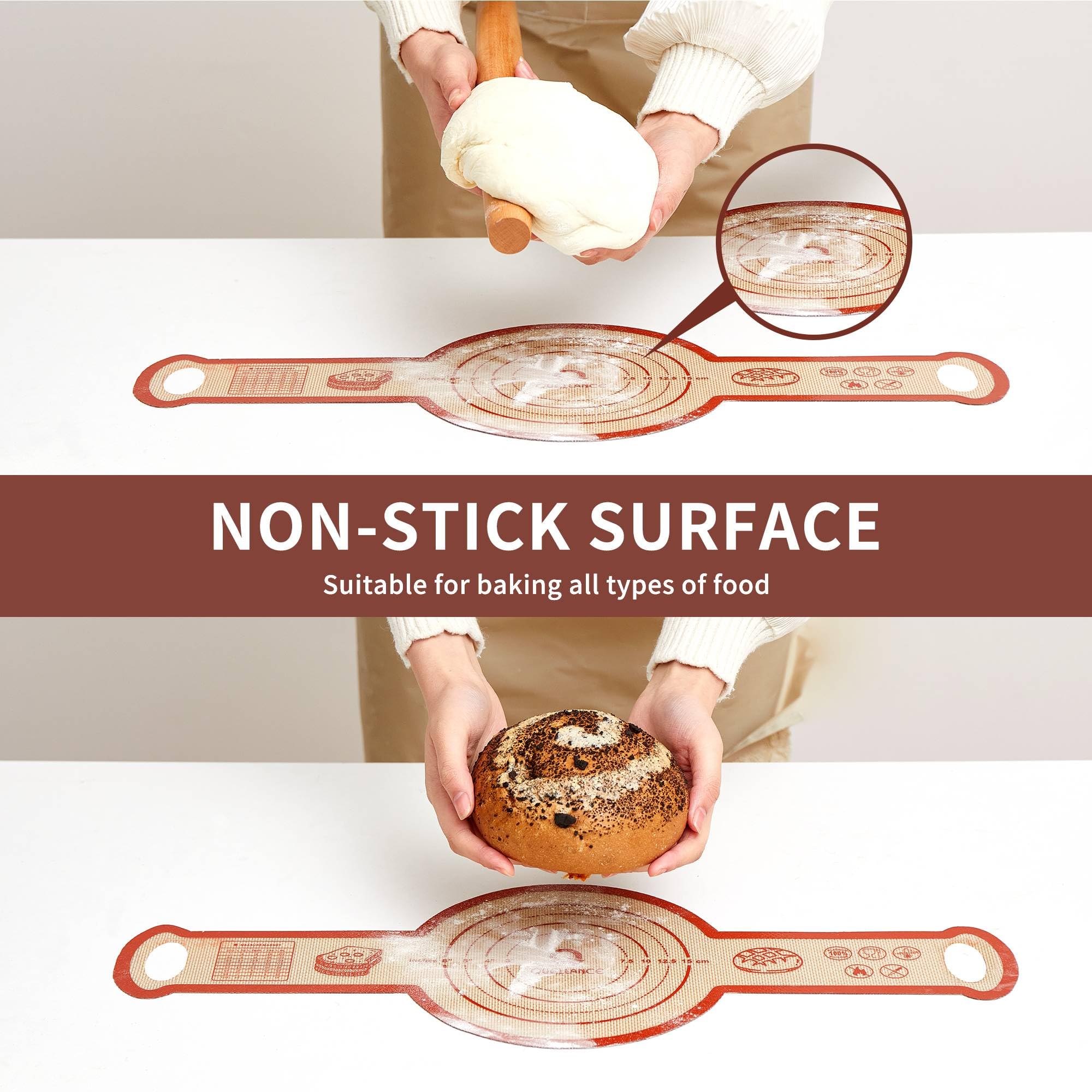 Tappetino in silicone per pane a lievitazione naturale, 2 set di fette rotonde per forno olandese, antiaderente, di alto grado, per la preparazione di pane naturale, riutilizzabili, con manico lungo