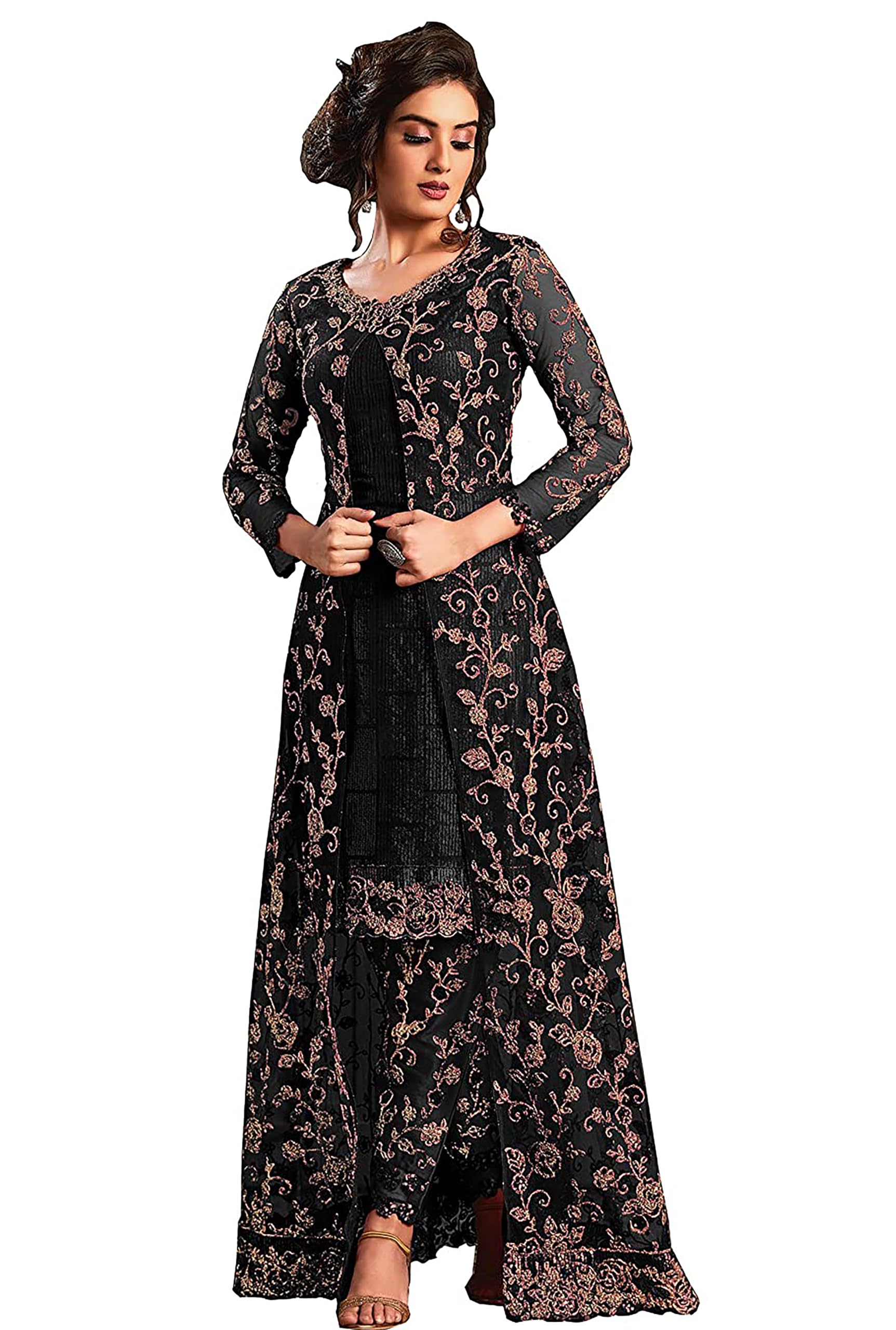 Indian Salwar Kameez for Women Embroidered Long Jacket Style Suit with Pant Inner Bollywood Style Anarkali Set