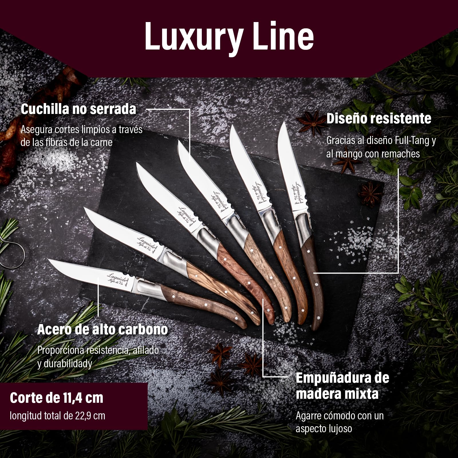 Laguiole Style de Vie - Cuchillos para carne - Línea Luxury - 6 unidades - Mango de madera mixta