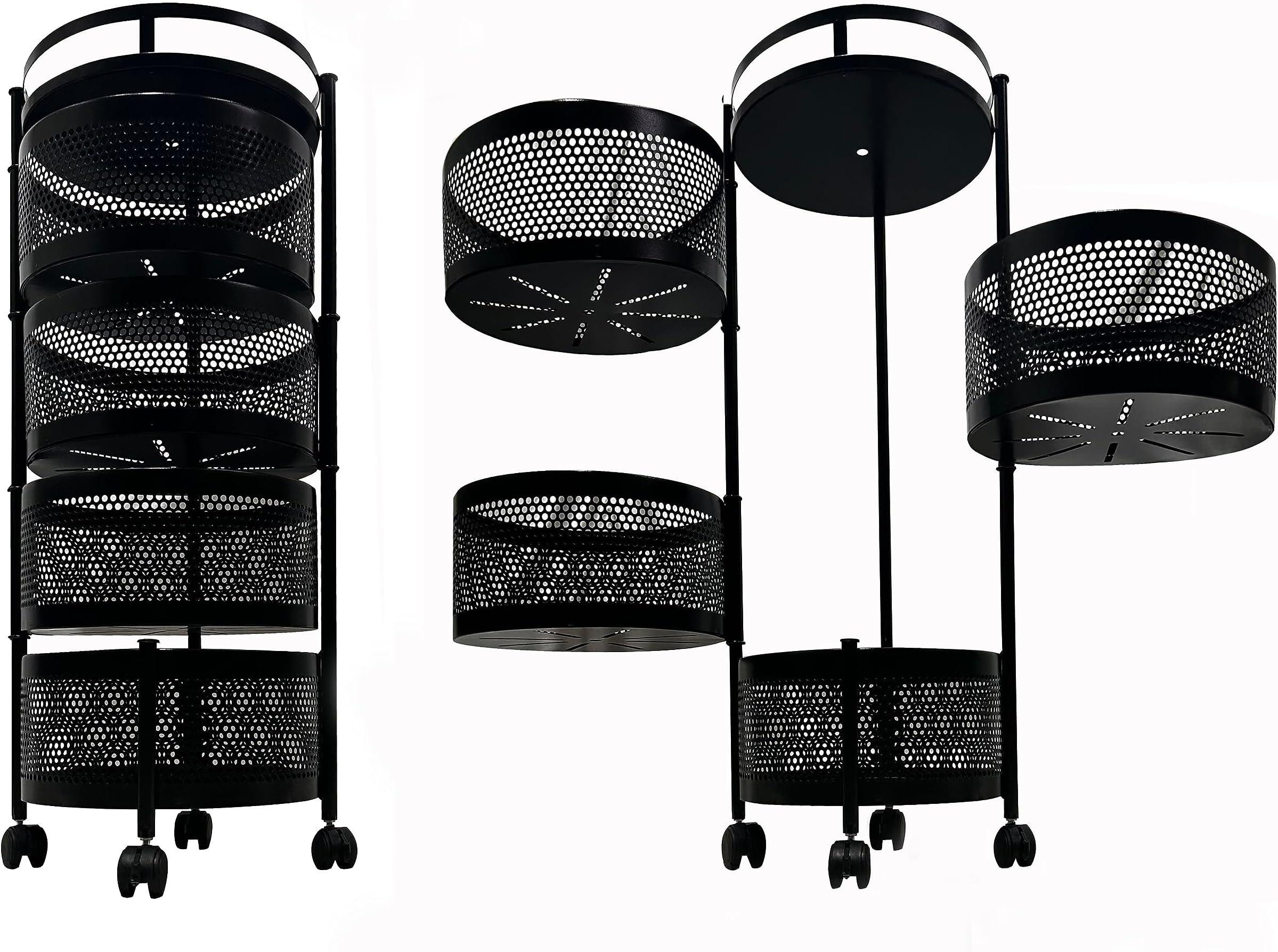 ROBMOB 4 Layer Vegetable Stand Kitchen Trolley with Wheels, Rotating Vegetable Basket, Black