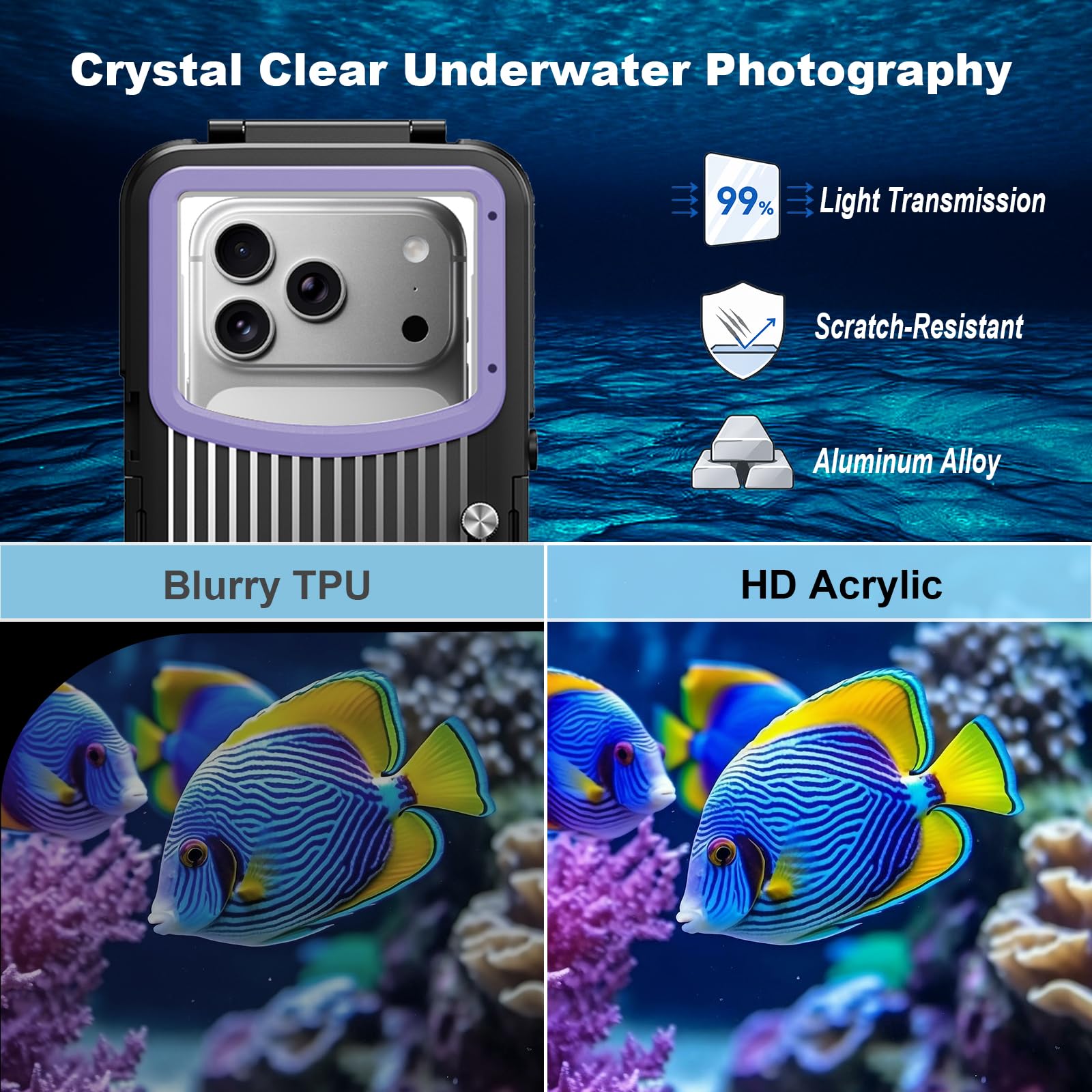 Custodia impermeabile subacquea da 15 m per iPhone 17/16/15/14 | Smartphone da 5,4 a 6,9 pollici, tasto volume del telefono a sinistra, snorkeling, nero viola