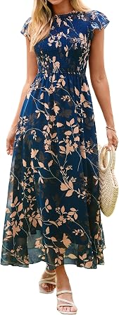 BerryGo Womens Boho Floral Maxi Dress Ruffle Sleeve Chiffon Flowy Wedding Guest Dress Smocked Waist Modest Western Dress