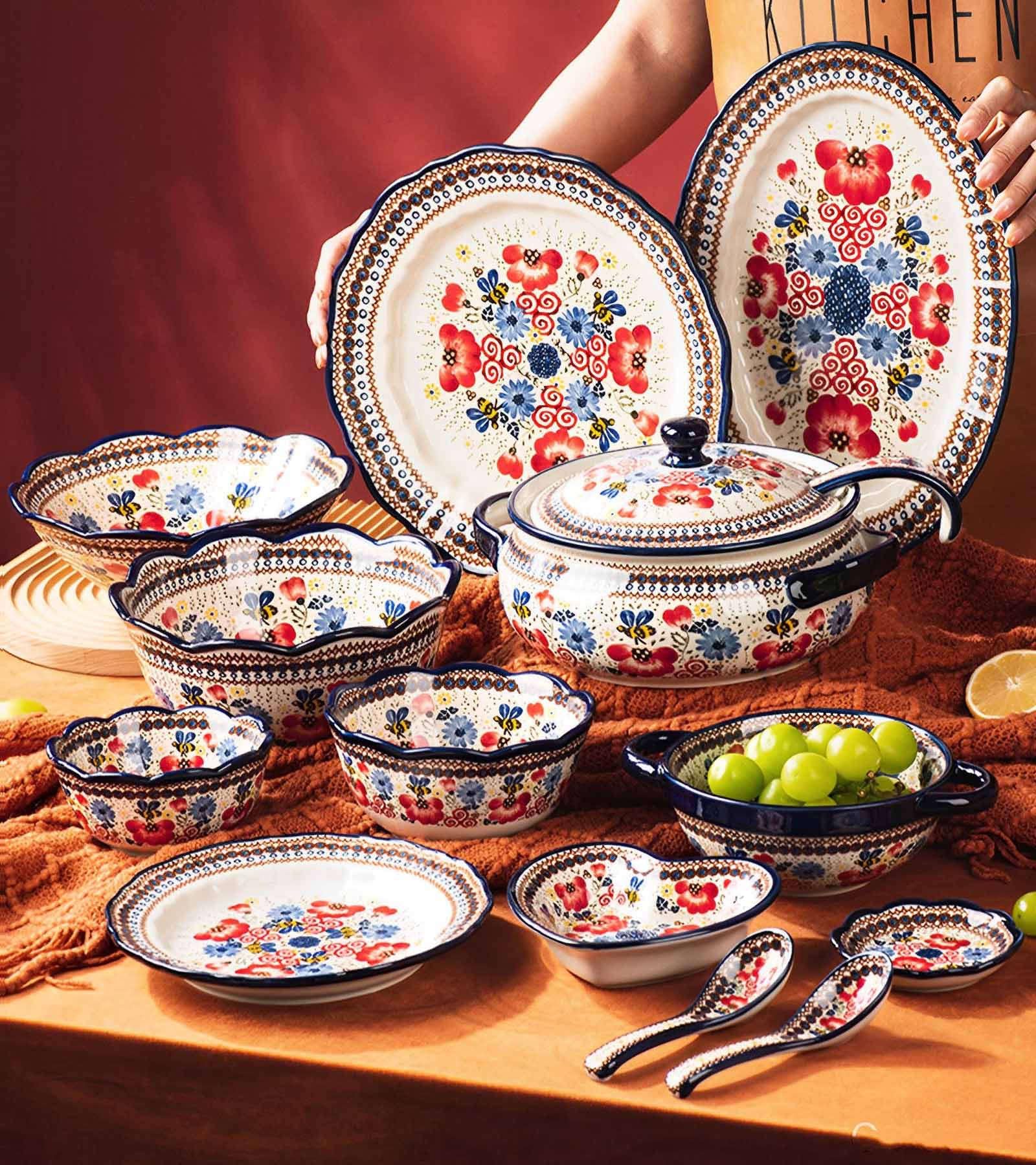 Ceramiczne naczynie do pieczenia do piekarnika, małe naczynie do zapiekania z uchwytami, piec ceramiczny do pieczenia - pszczoła i kwiat okrągły 950 ml