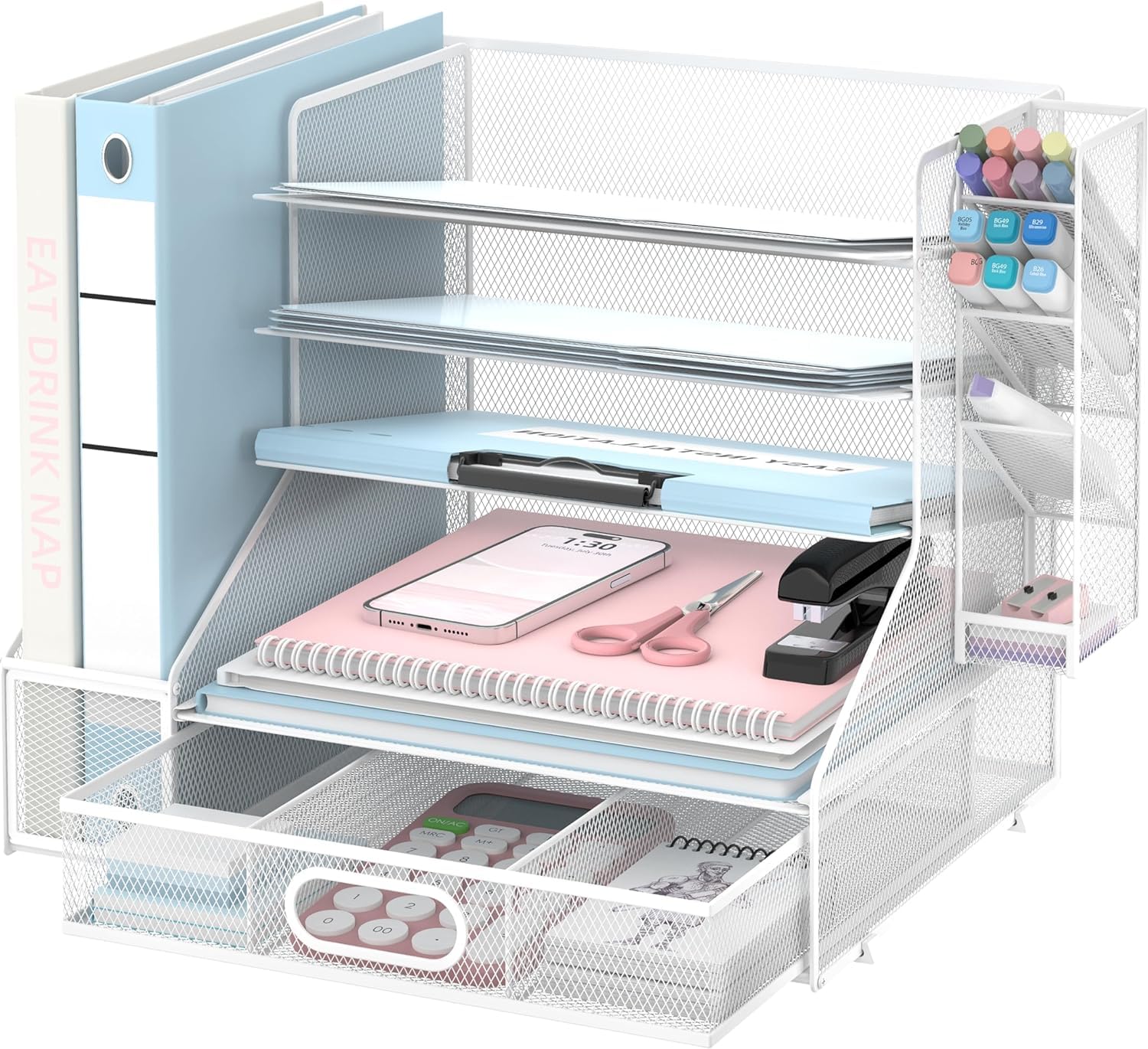 SUPTIDY Schreibtisch Organizer mit Aktenhalter, 5-Tier Mesh Papier Brief Tray Organizer mit Stifthalter und Schublade für Bürobedarf, Weiß