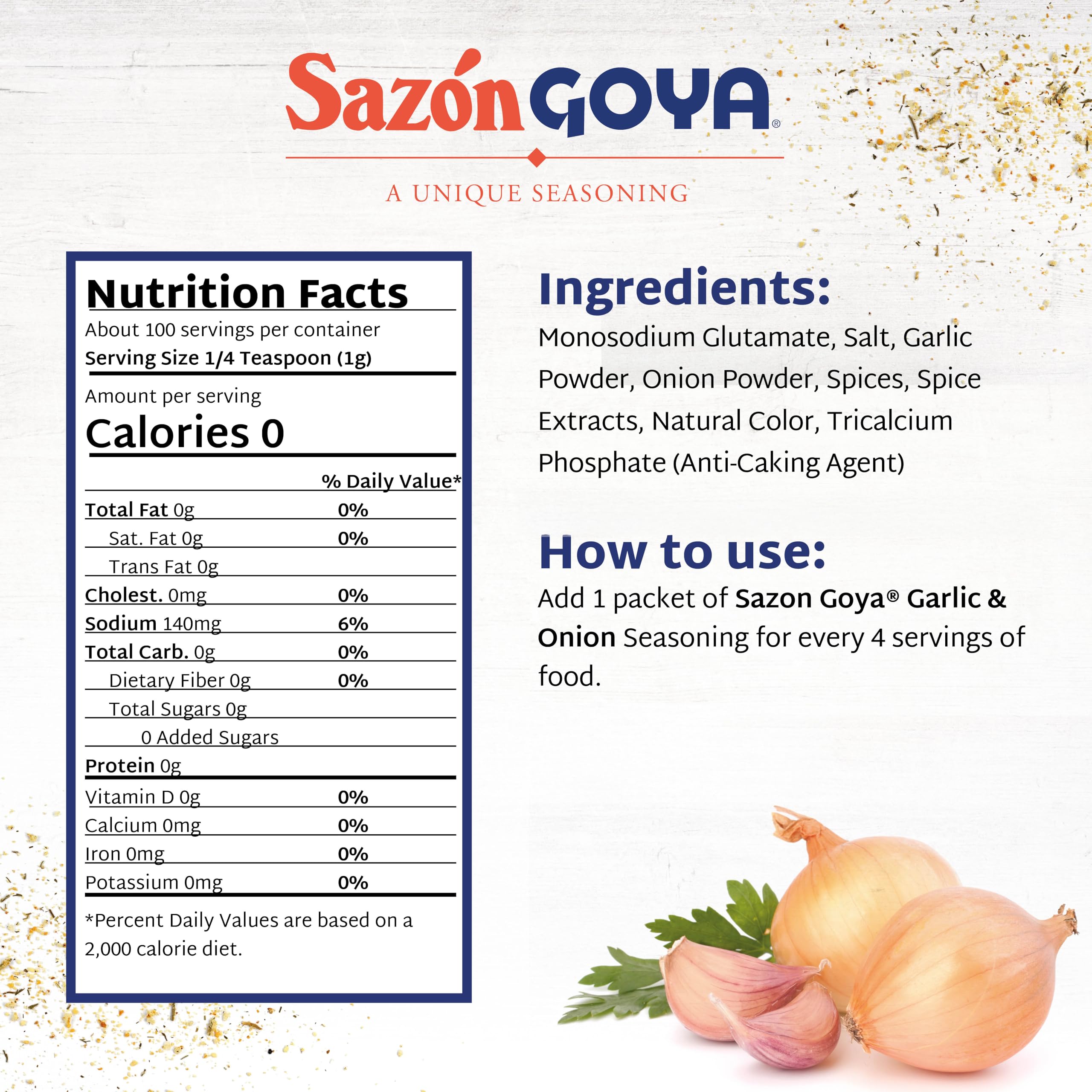 Sazón with Garlic and Onion by Goya, Latin Spice Blend for Poultry, Seafood, Meat and Vegetables, All Purpose Mexican Seasoning, 3.52oz Carton