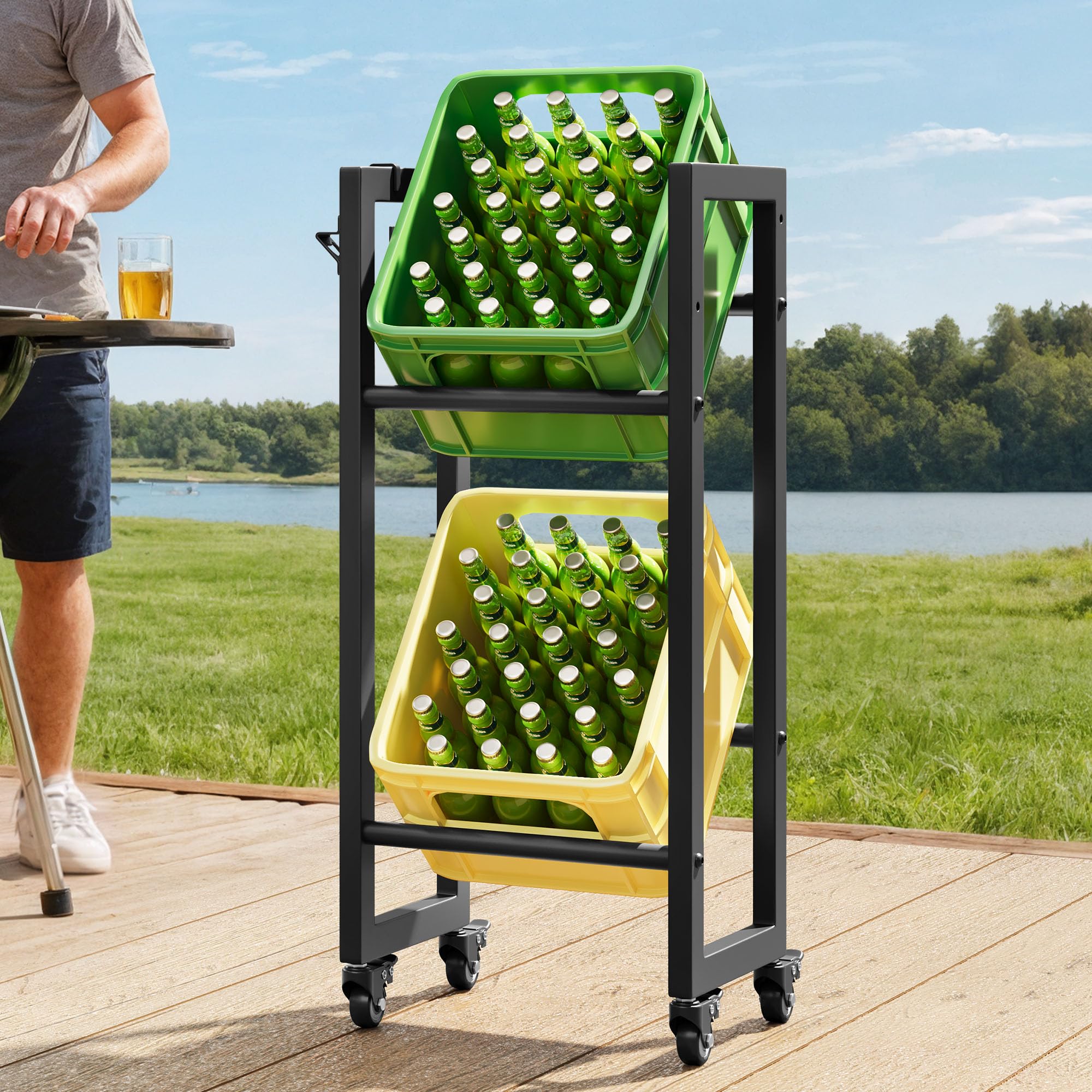 YITAHOME Getränkekistenregal 2 Kisten mit Rollen, verstellbaren füße, Öffner, Metall Kistenregal mit 2 Ebenen für Bier, Obst, Gemüse, Wasser, getränkeregal kisten Regal, Tragfähigkeit 240KG