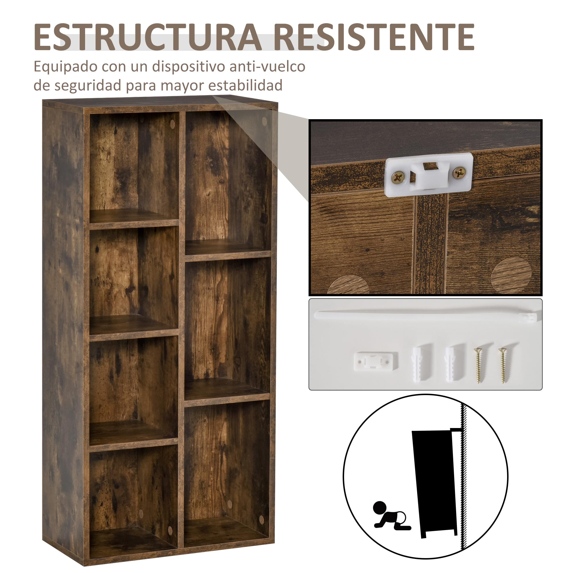 HOMCOM Estantería para Libros Librería de Madera con 7 Compartimentos de Almacenaje Plantas Archivos para Sala de Estar Dormitorio Oficina 50x24x106 cm Marrón Rústico