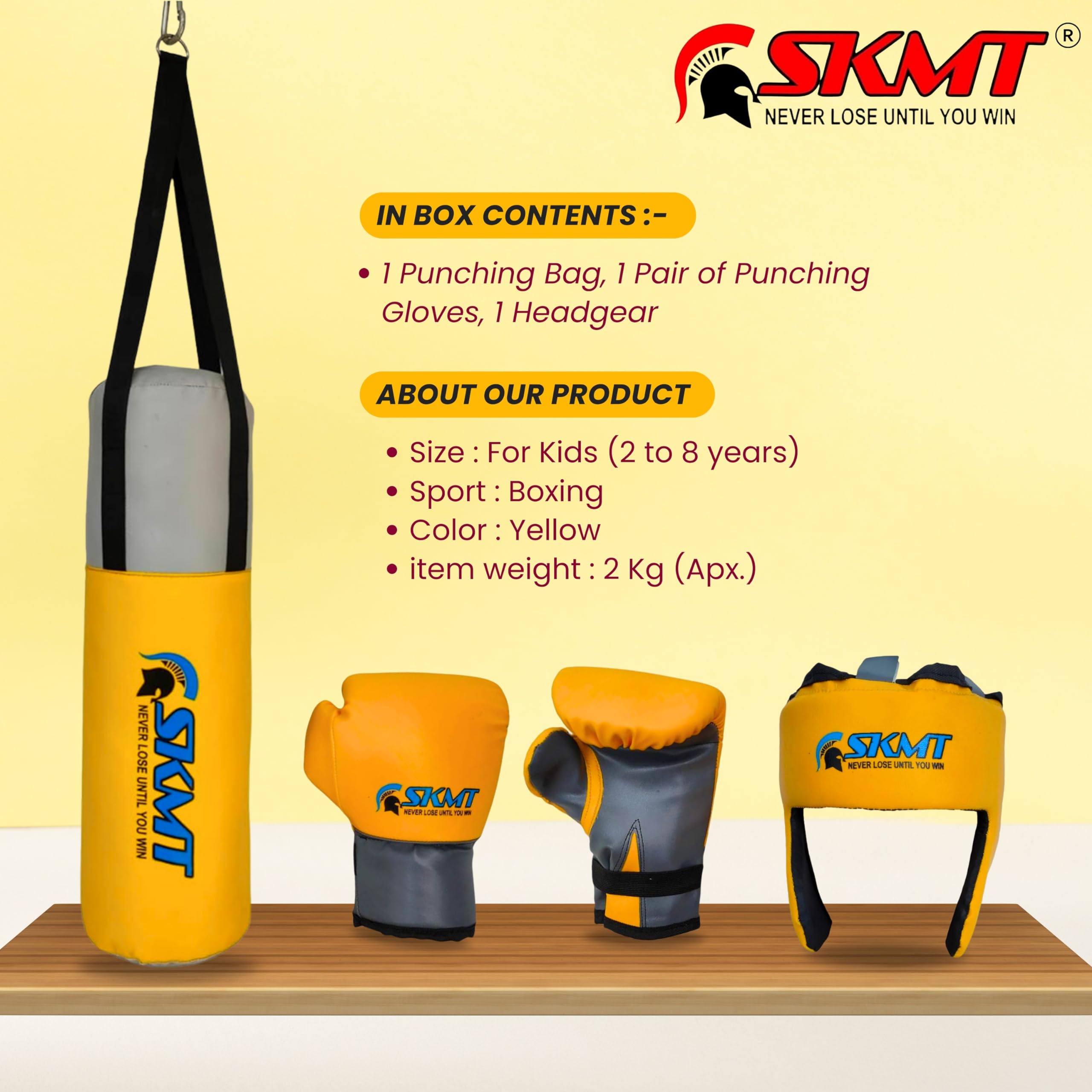 SKMT Never Lose Until You Win Kids Boxing kit Yellow (Filled Punching Bag, Gloves and Headgear, Age 2-8 Years) 3