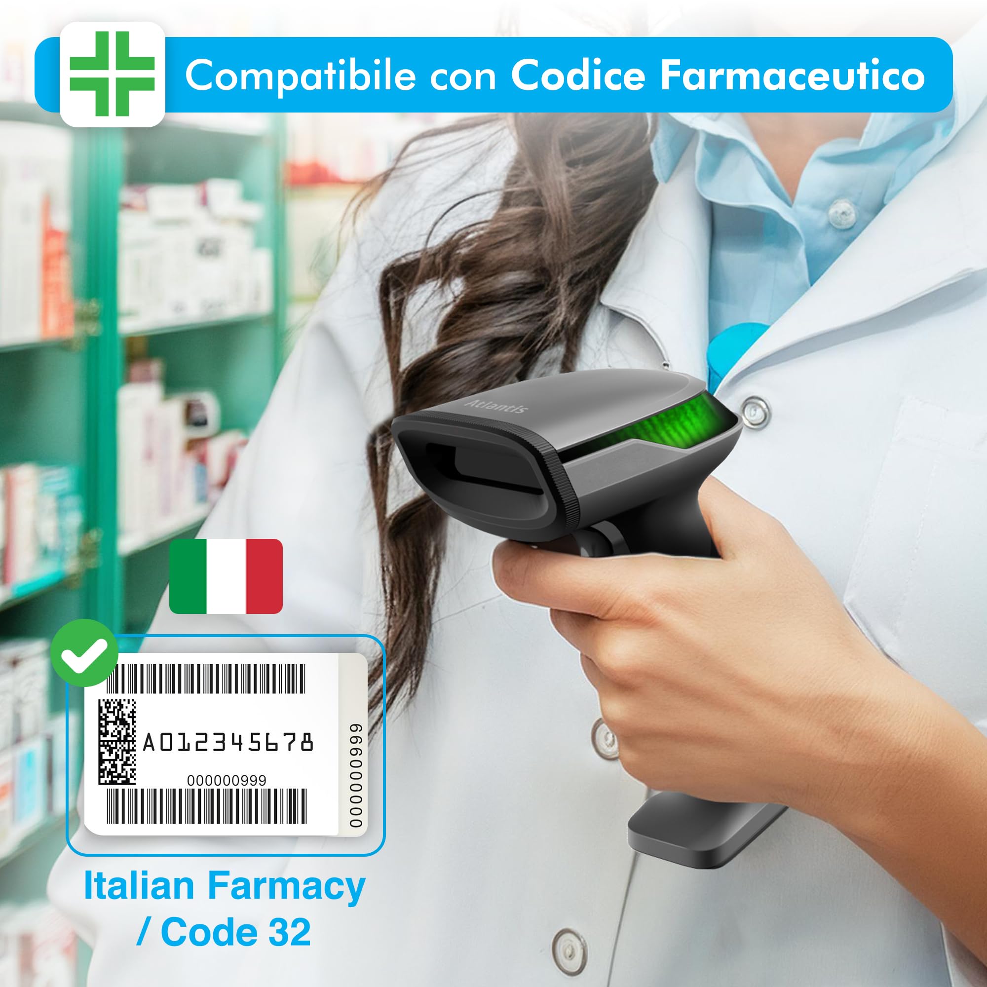 Atlantis A08-LD230P-2D-W Lettore Codici a Barre Barcode reader scanner Wireless 1D e 2D Ottico Prof (640x480), 60 fps, legge da smartphone e display, codice farmaceutico, collegamento USB,guida rapida