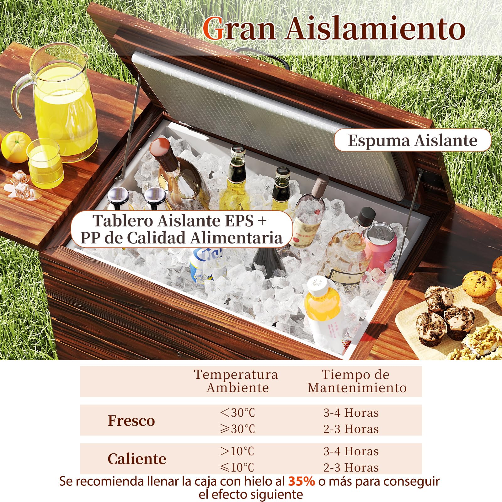 COSTWAY 51L Carrito Nevera con Ruedas, Enfriador de Madera para Patio, con 2 Estantes Plegables y Abrebotellas, Enfriador de Bebidas al Aire Libre para Fiesta, Jardín Trasero