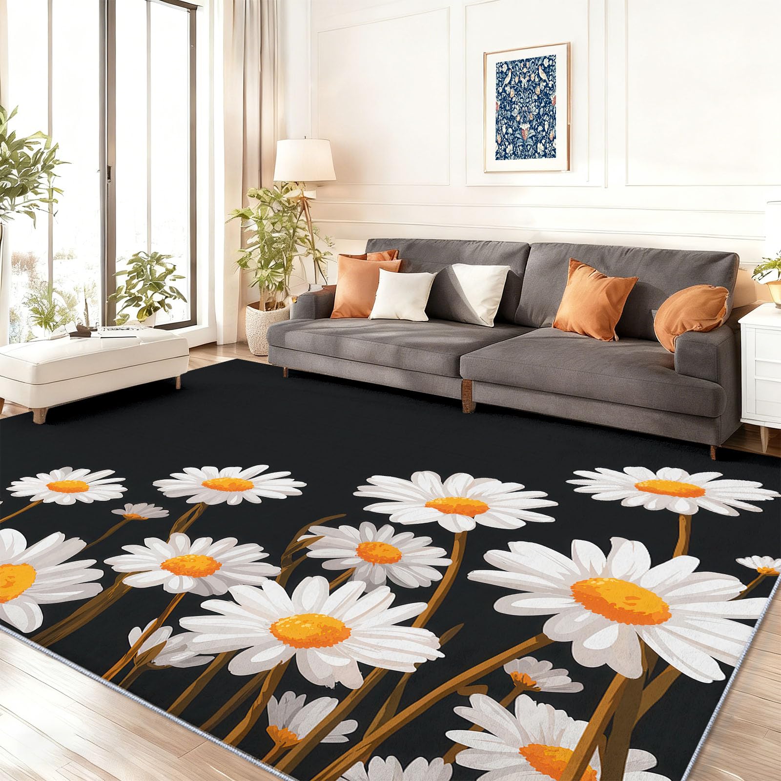 Dywany do salonu, 140 x 200 cm, czarny, można prać w pralce, koreański, minimalistyczny, miękki w dotyku, antypoślizgowy, nie gubi włosia, łatwy do czyszczenia, ilustracja kwiaty, stokrotki, dywan