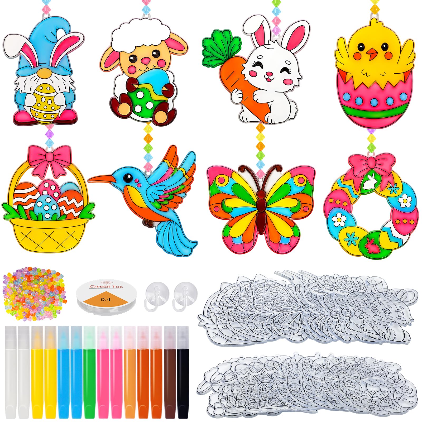 Kit de 24 Décorations Pâques à Suspendre, œufs Lapin Poulet Papillon Oiseaux à Peindre, Attrape-soleil Pendentif Fenêtre