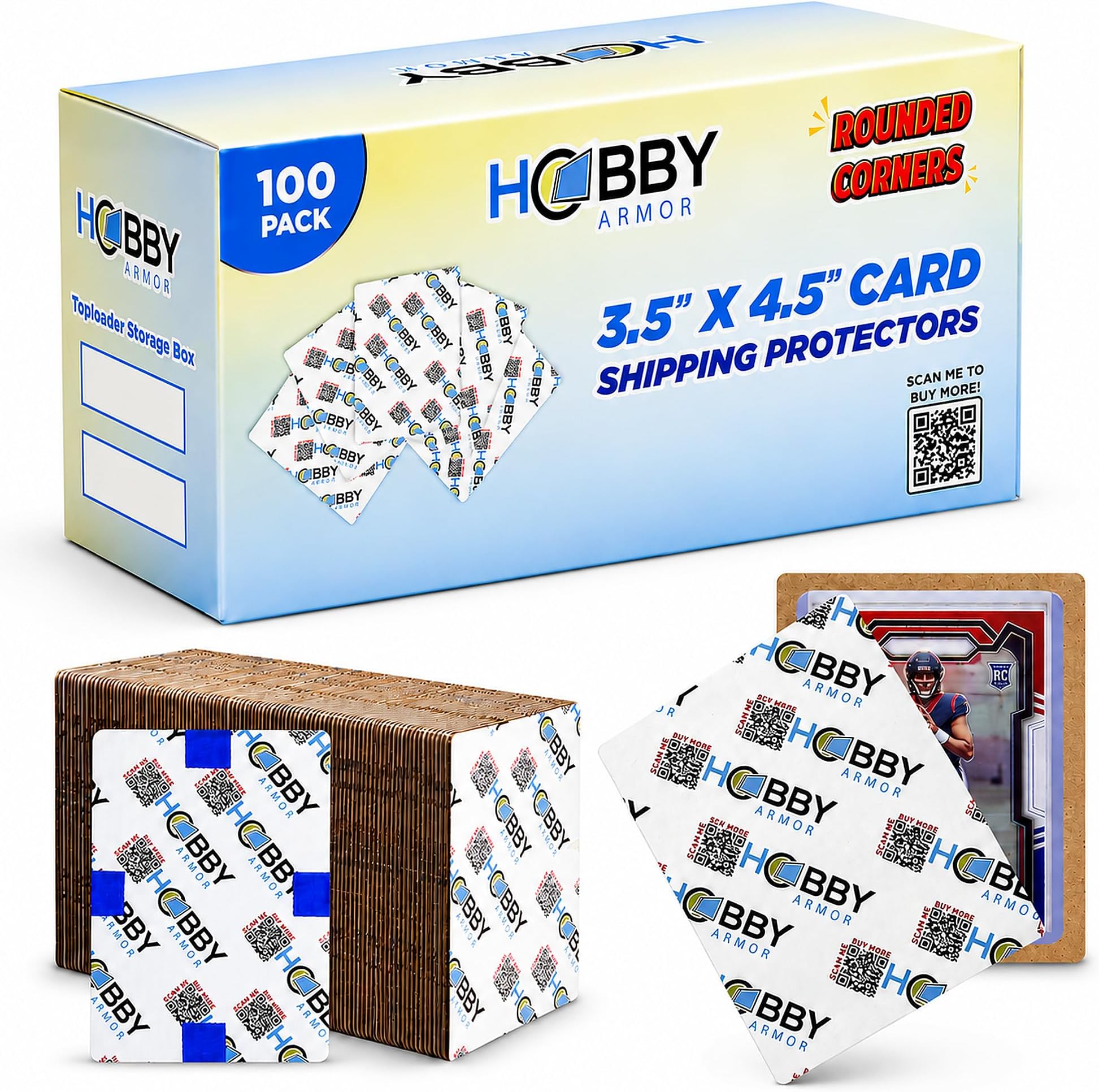 Trading Card Shipping Protector by Hobby Armor, 3.5" x 4.5" with Rounded Corners, Vibrant Multi-Color Card Protector to Guard Cards From Dings, Premium Lightweight Cardboard Shipping Supplies 100 Pack