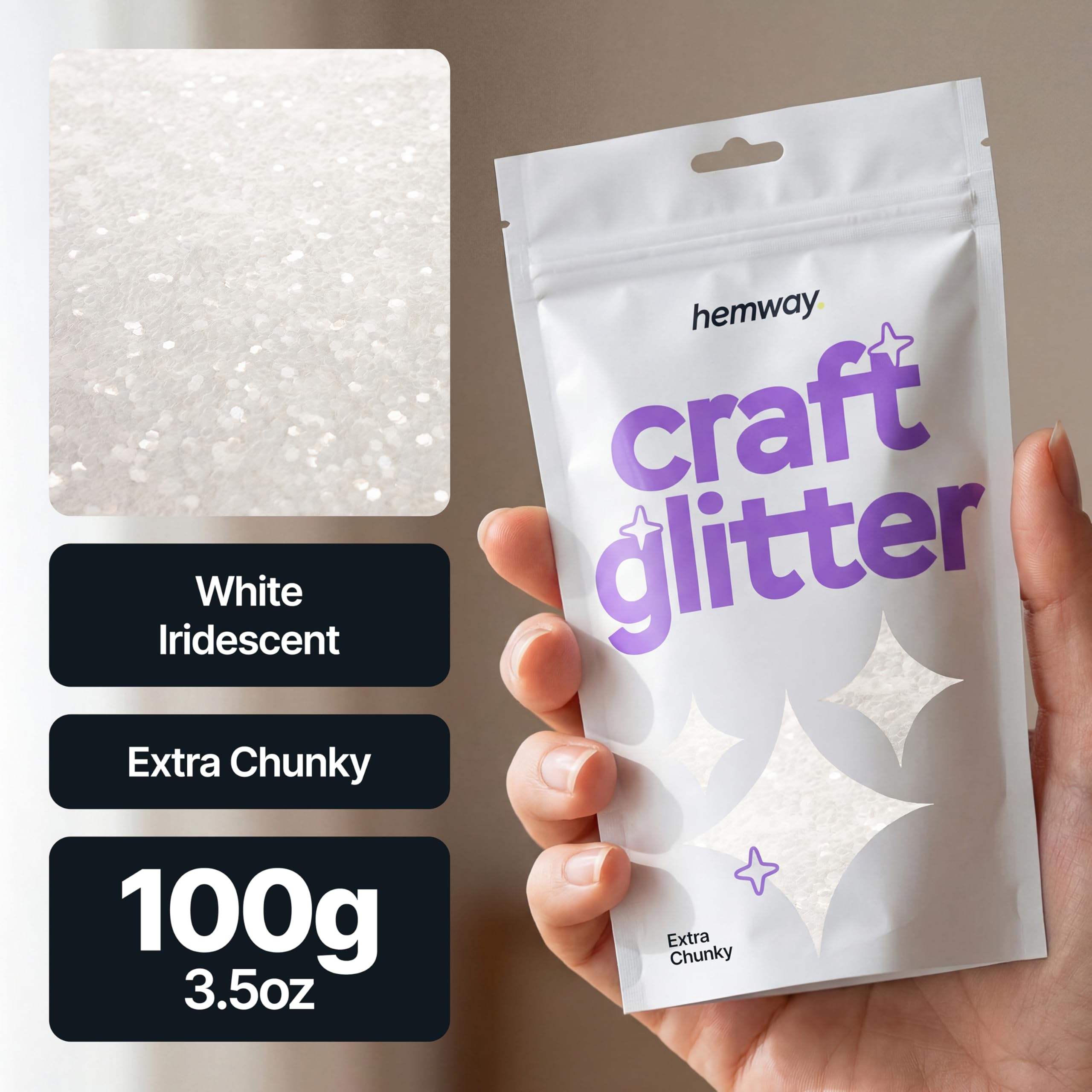 Hemway - Purpurina para manualidades, vasos, resina, epoxi, uñas, cera, álbumes de recortes, cristal, decoración de escuelas: blanco iridiscente, extragruesa (1 mm), 100 g - 2