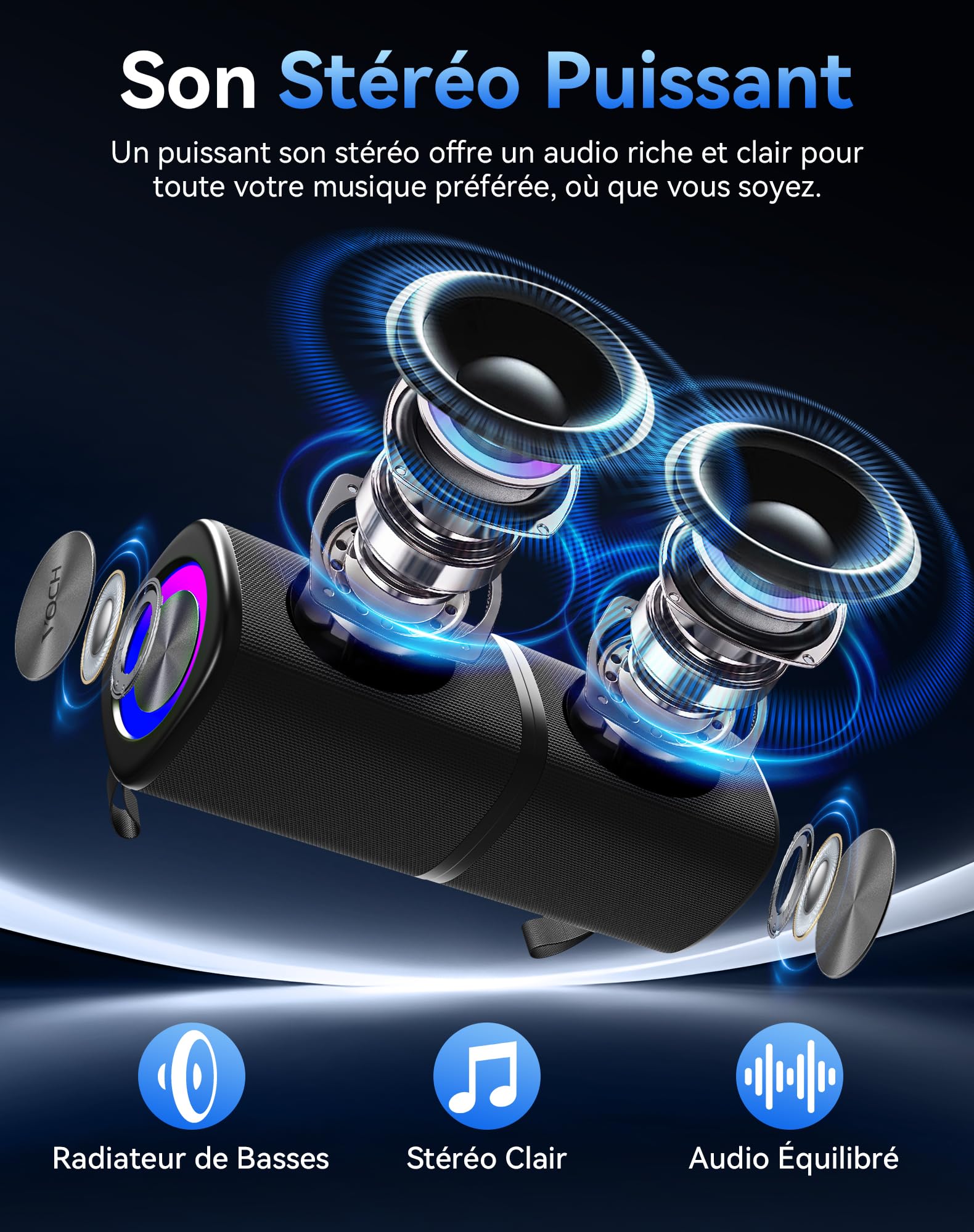 VOCH Enceinte Bluetooth Portable sans Fil Haut-Parleur 2‑en‑1 Magnétique avec Lumières RGB, Stéréo Puissante, Bluetooth 5.4, Appairage TWS, Étanche IPX7, 20H Autonomie pour Fête, Maison