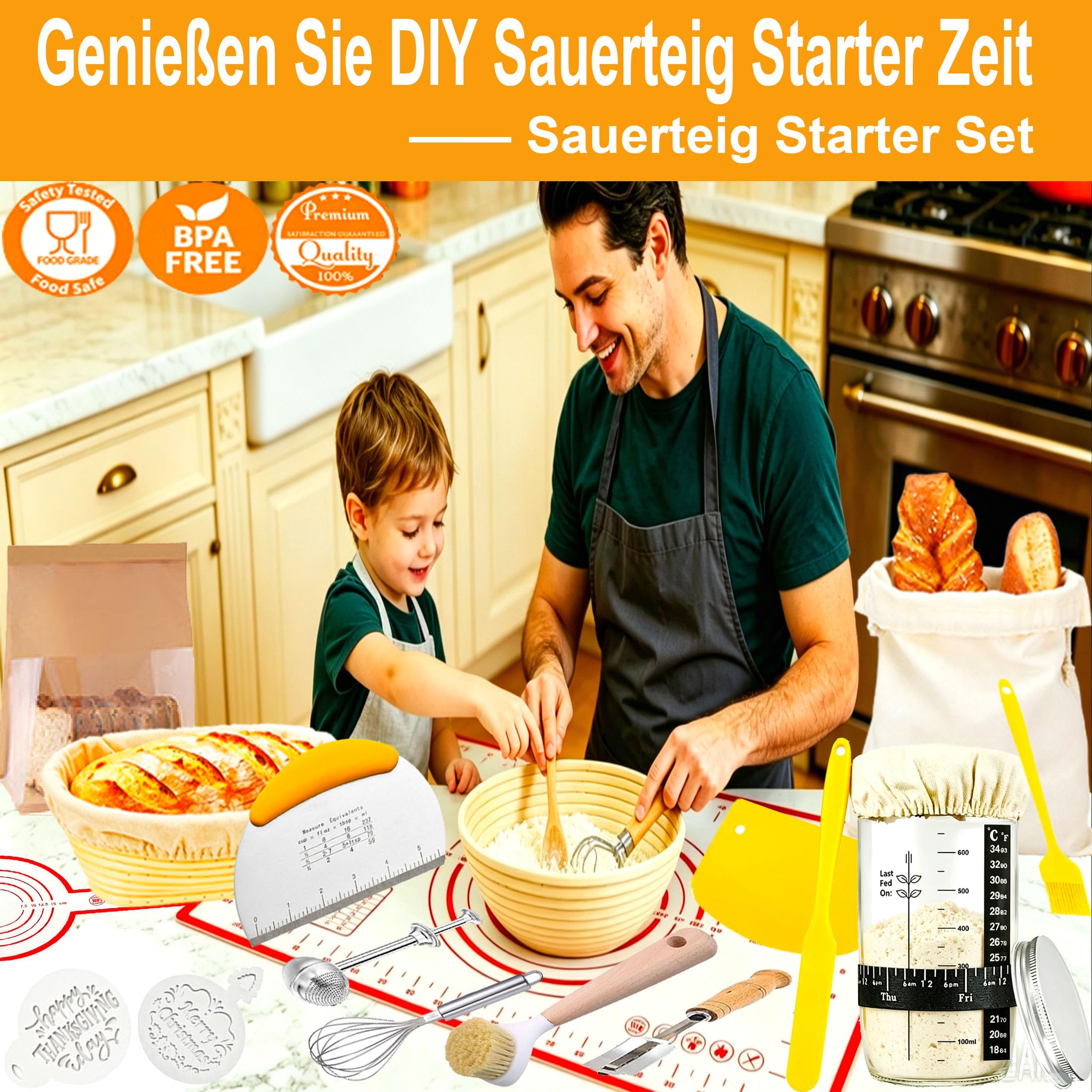 Gärkörbchen von Sauerteig Starter Set, 2 Gärkorb – Gärkörbchen Rund 23cm, Oval 25cm, Sauerteig Starter Glas, Brot Backen Zubehör, Brotbackzubehör, Geschenk für Anfänger, Erfahrener Bäcker