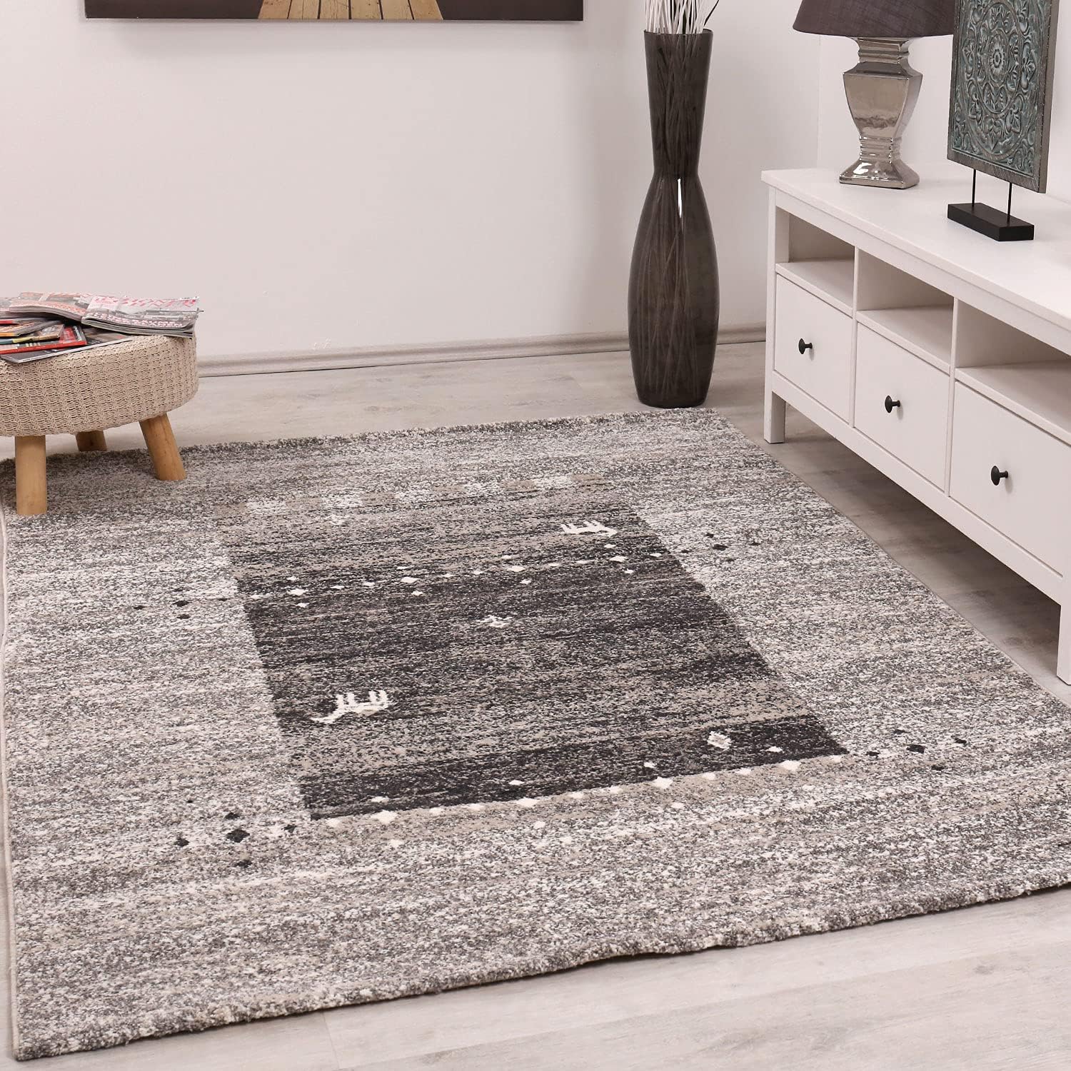 Moderner Teppich Grau Mit Marokkanischem Muster - 80x150 Cm Für Wohnzimmer, Sicher Für Kinder & Haustiere