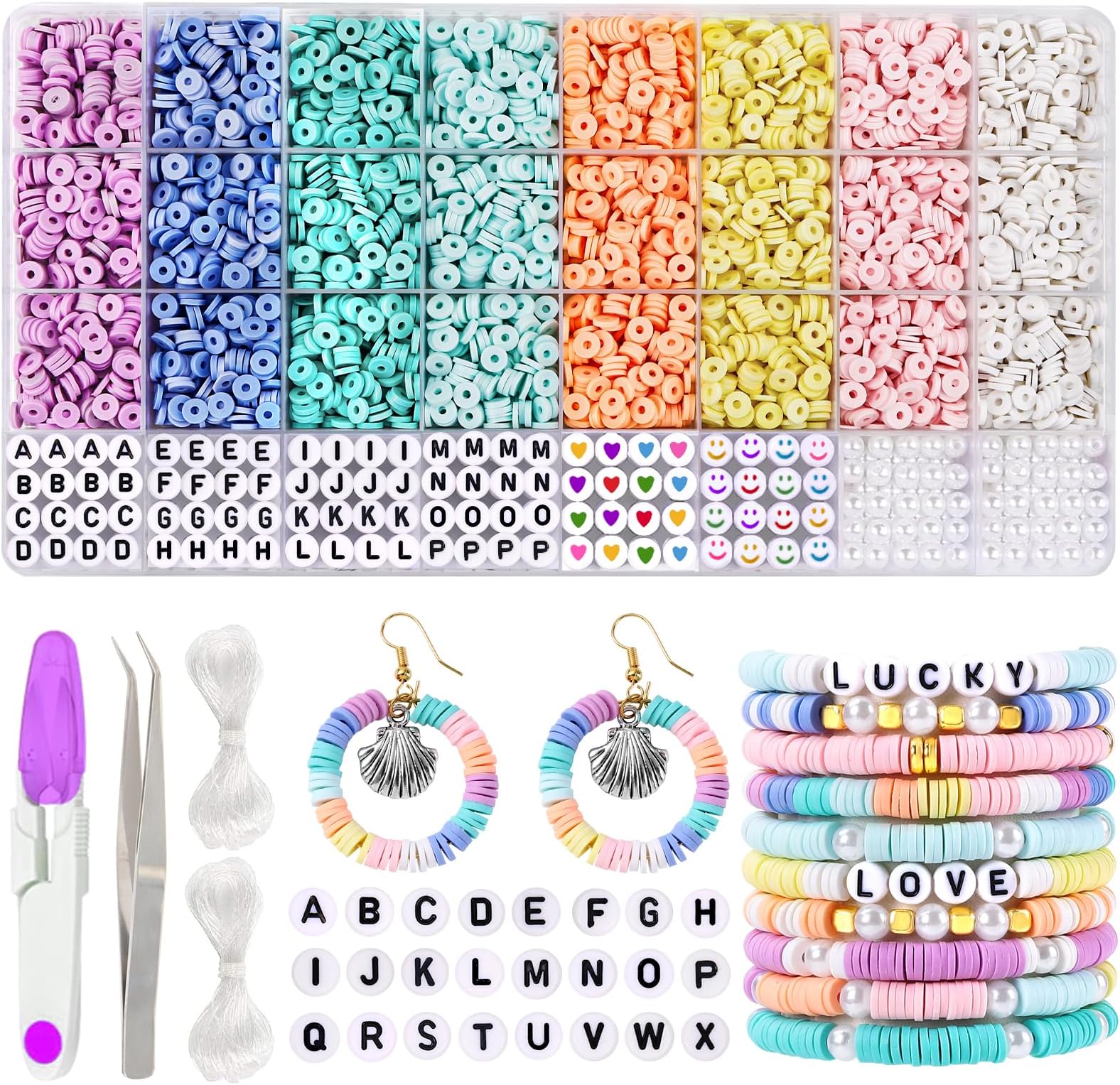 JOLCEEY Clay Beads Bracelet Making Kit, 8 Pastel Colors Flat Round Polymer Clay Heishi Beads Friendship Bracelet Kit for Jewelry Making Necklace DIY Craft
