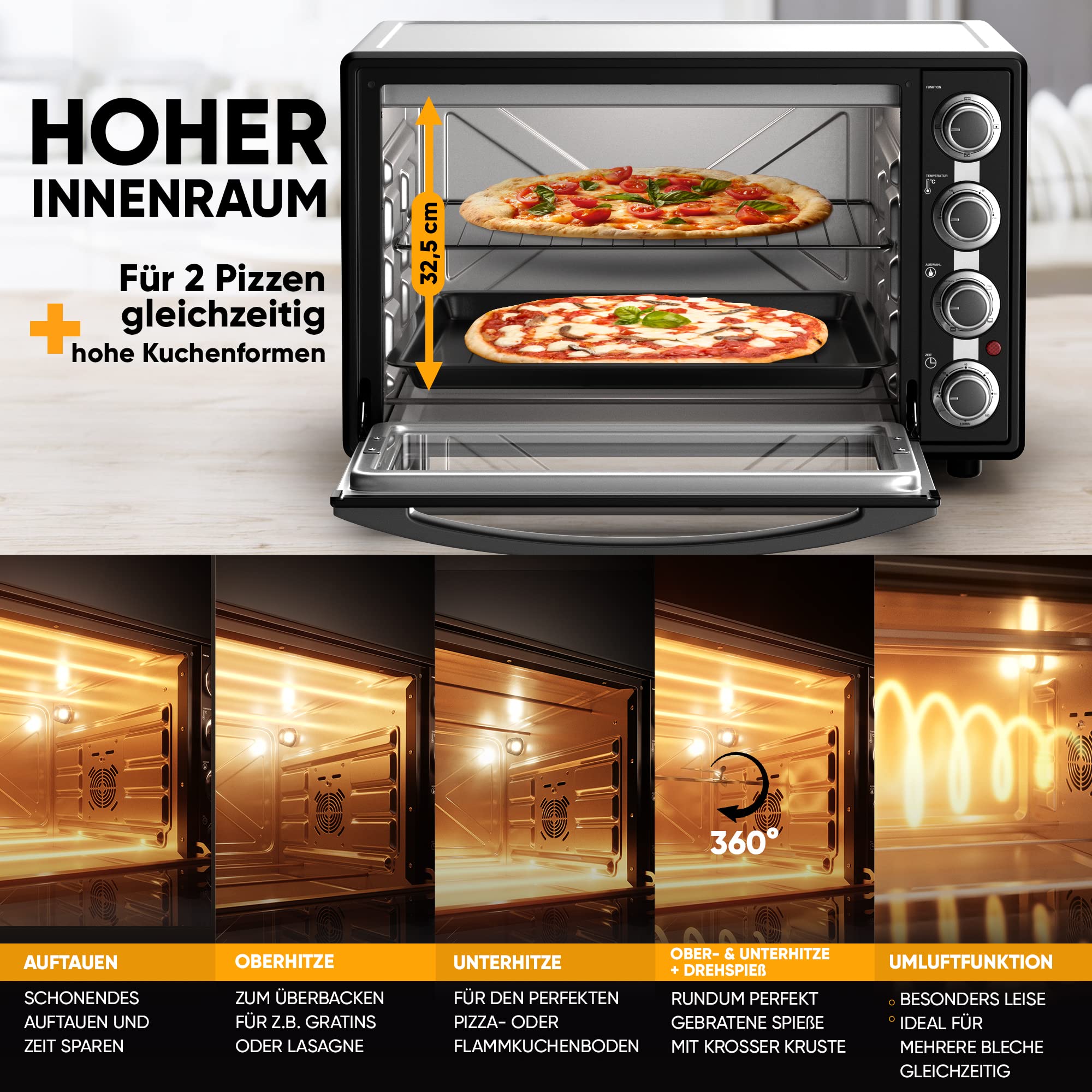 Stillstern Minibackofen mit Umluft 60L (DE Version) Pizza Ø40, CYCLONE PRO+ Antihaftbeschichtung, Auftauen, 2h Timer, Camping Mini Backofen Umluft Pizzaofen Mini Ofen klein Hähnchengrill mit Drehspieß