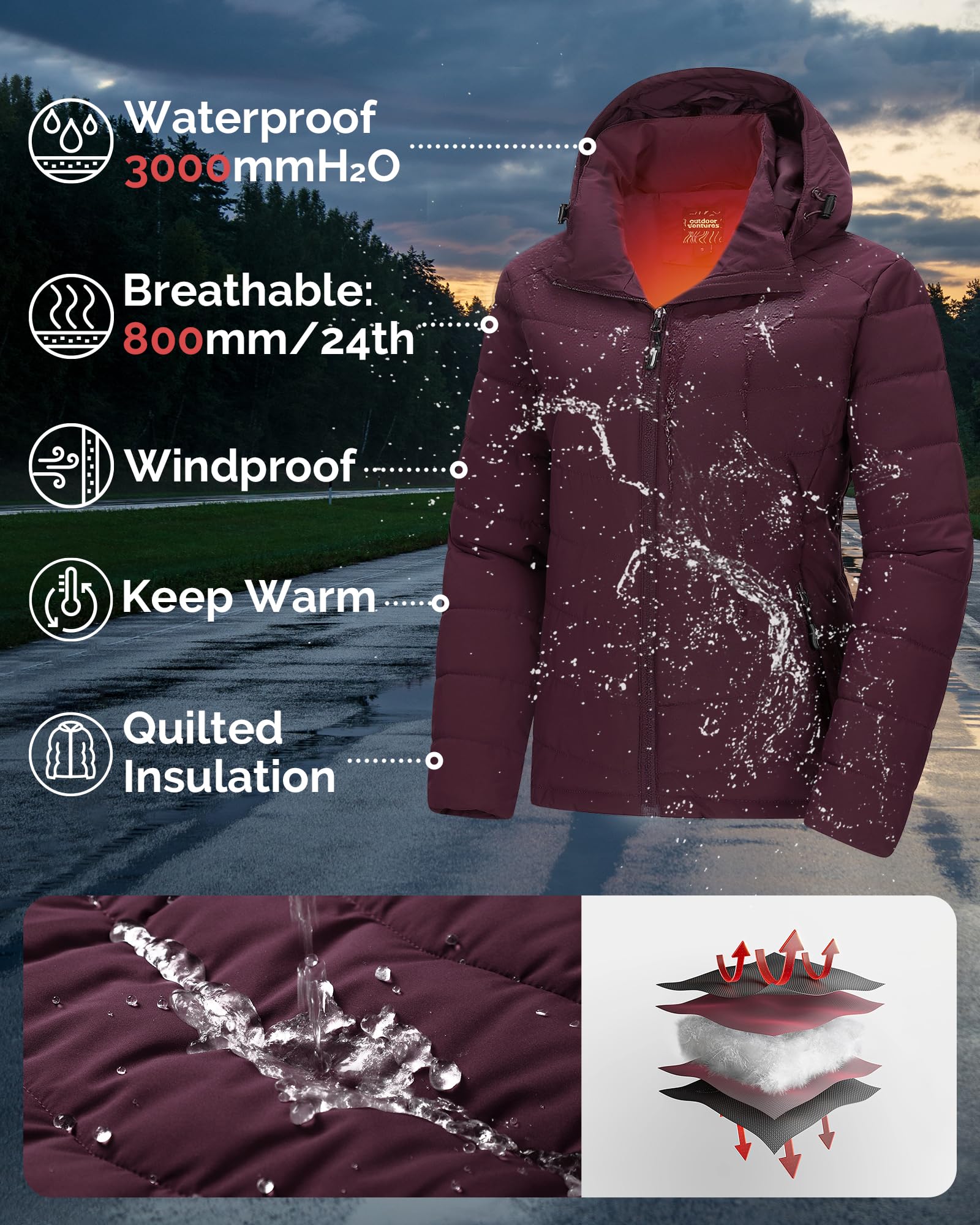 Outdoor Ventures Chaqueta impermeable para mujer, cálida chaqueta de invierno con capucha, ligera, acolchada, para senderismo, camping, viajes