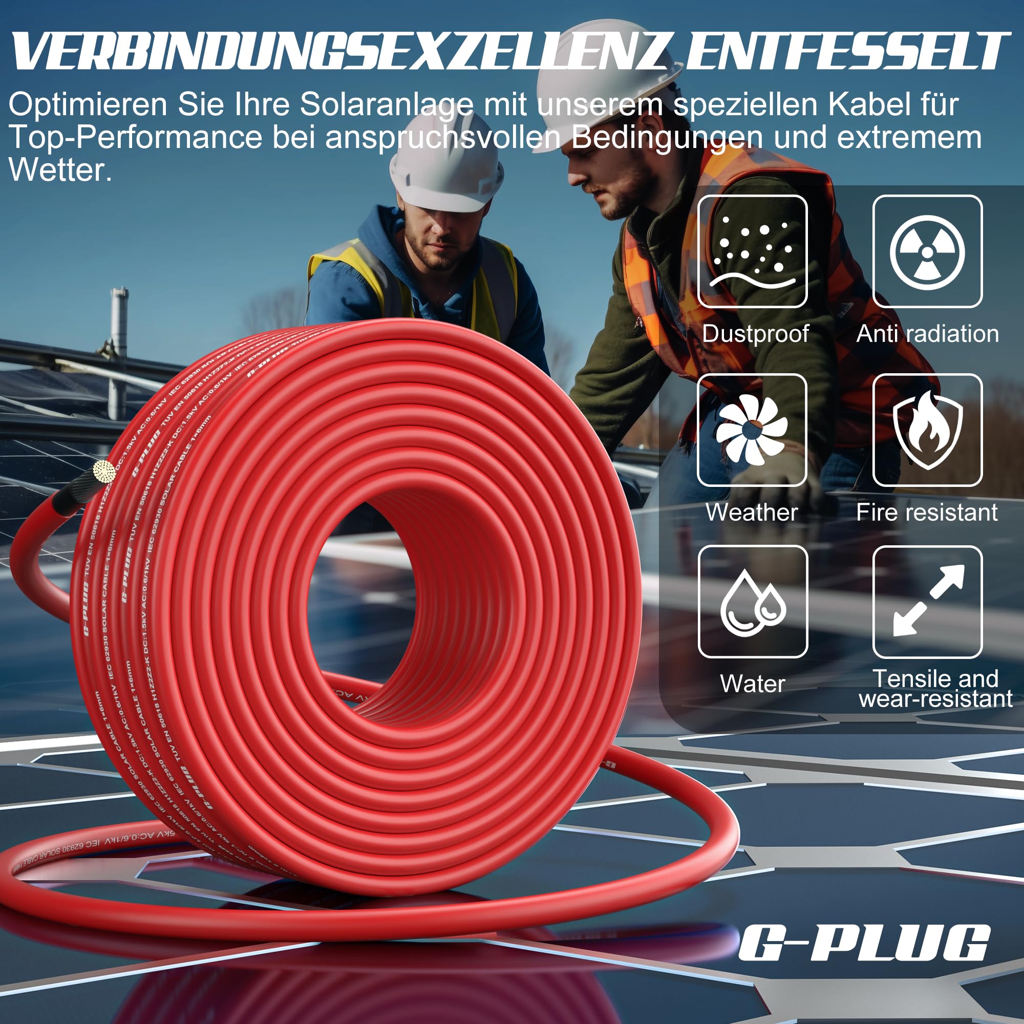 G-PLUG 50m Solarkabel 6mm² - Hervorragende Witterungsbeständigkeit & mühelose Installation - Innen- und Außen-Photovoltaikdraht - Längenoptionen: 10m, 20m, 30m, 50m