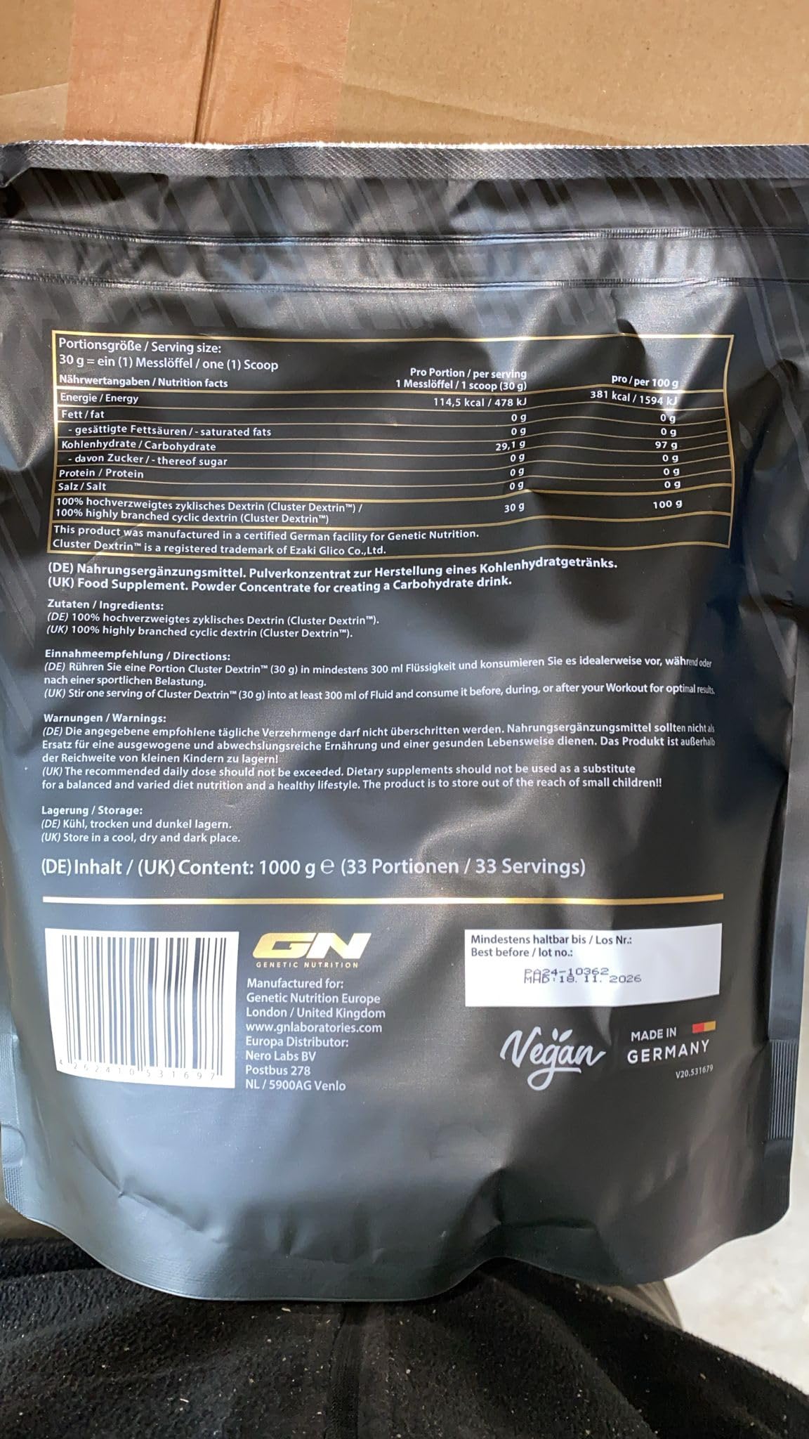 GN Laboratories Cyclic Dextrin (Cluster Dextrin®) 1000g – Hochverzweigtes zyklisches Dextrin – Feines Kohlenhydrate Pulver – Hohe Bioverfügbarkeit - Vegan - Made in Germany