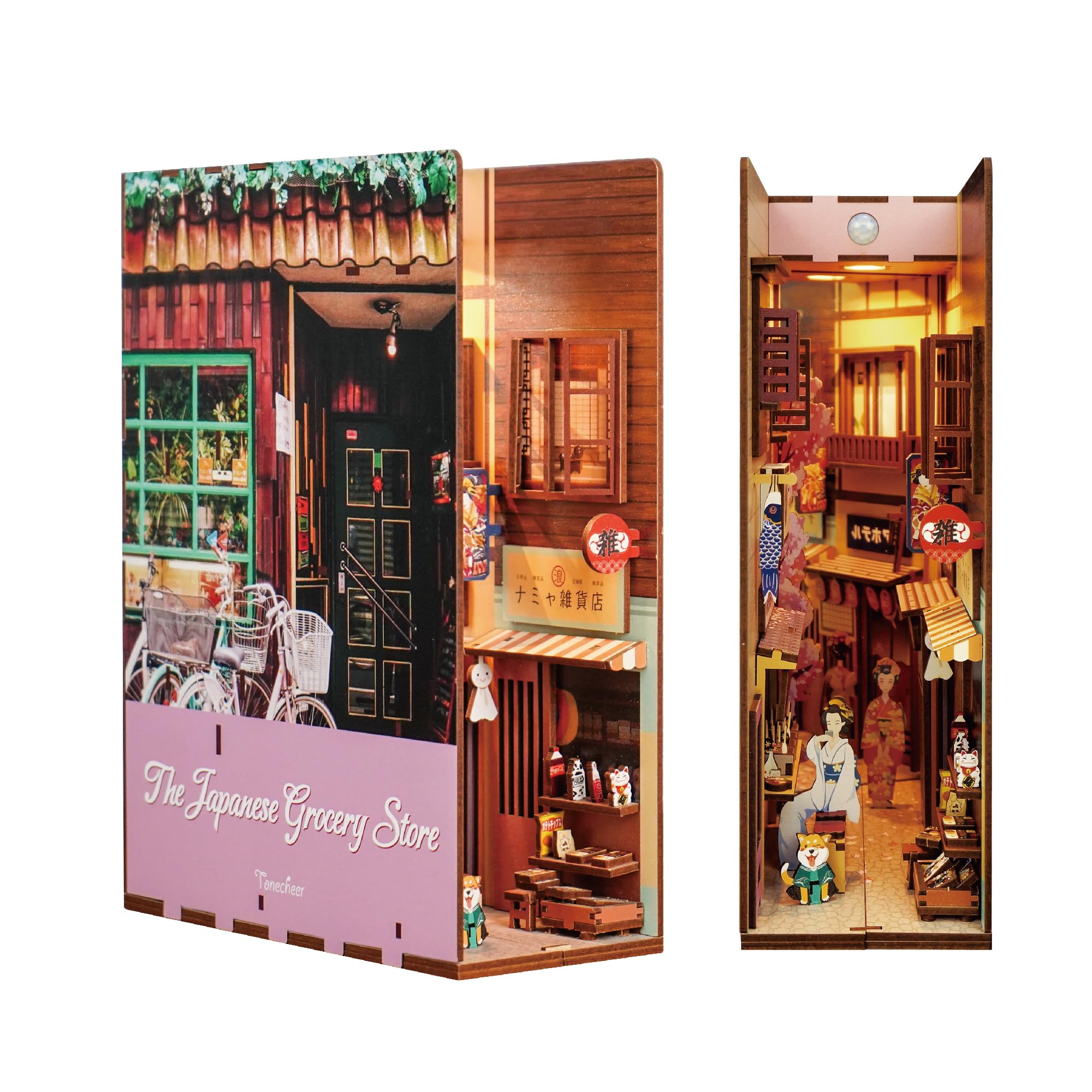 Tonecheer DIY Book Nook Japon, Modèle 3D en Bois pour Adultes pour Construire Une Miniature de Maison, Kit de Nook de Maison avec Lumière, Cadeau pour Femmes et Hommes (L'Épicerie Japonaise)