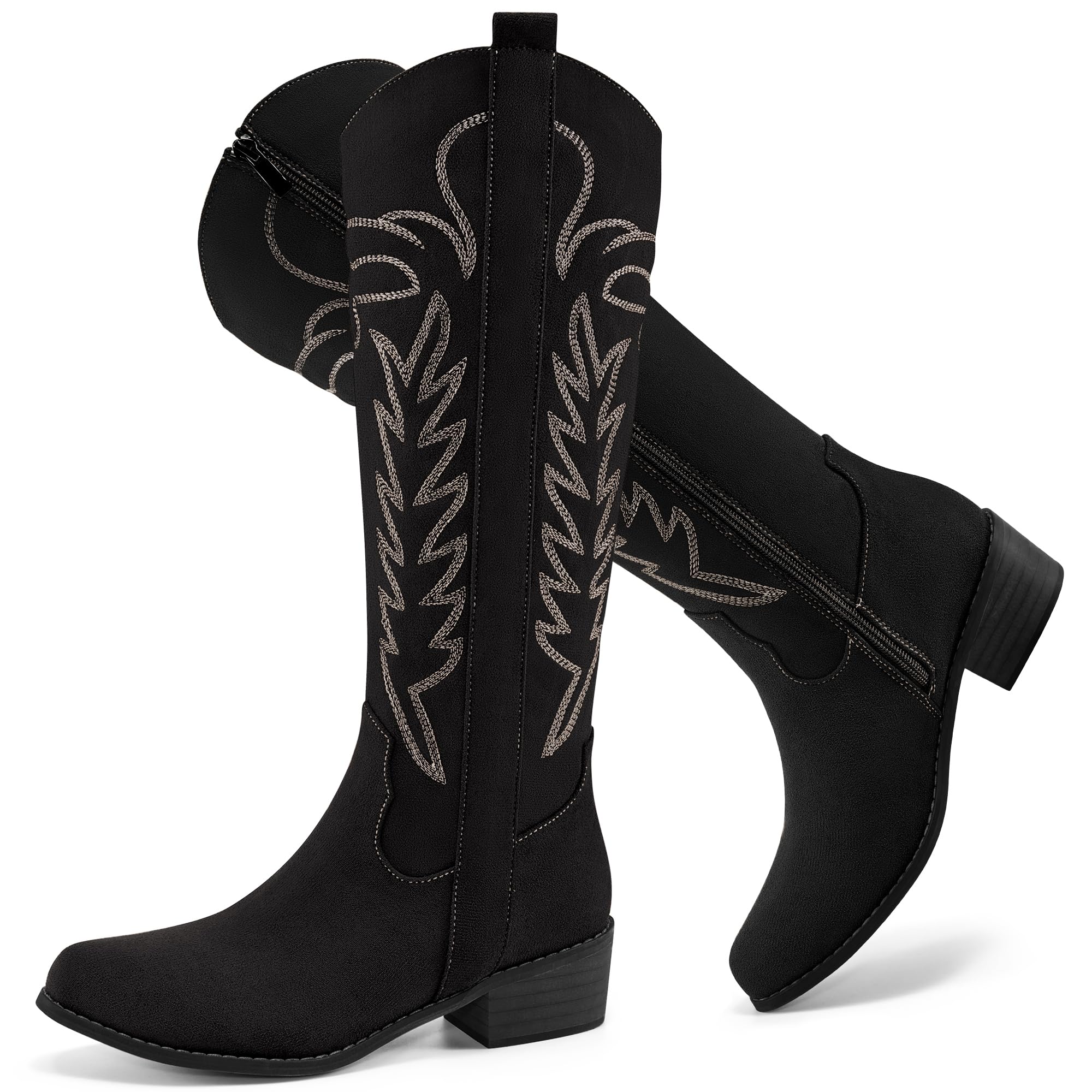 Ecetana Cowboy Boots for Women Knee High Suede Western Cowgirl Boots Pointed Toe Chunky Heel Tall Boot for