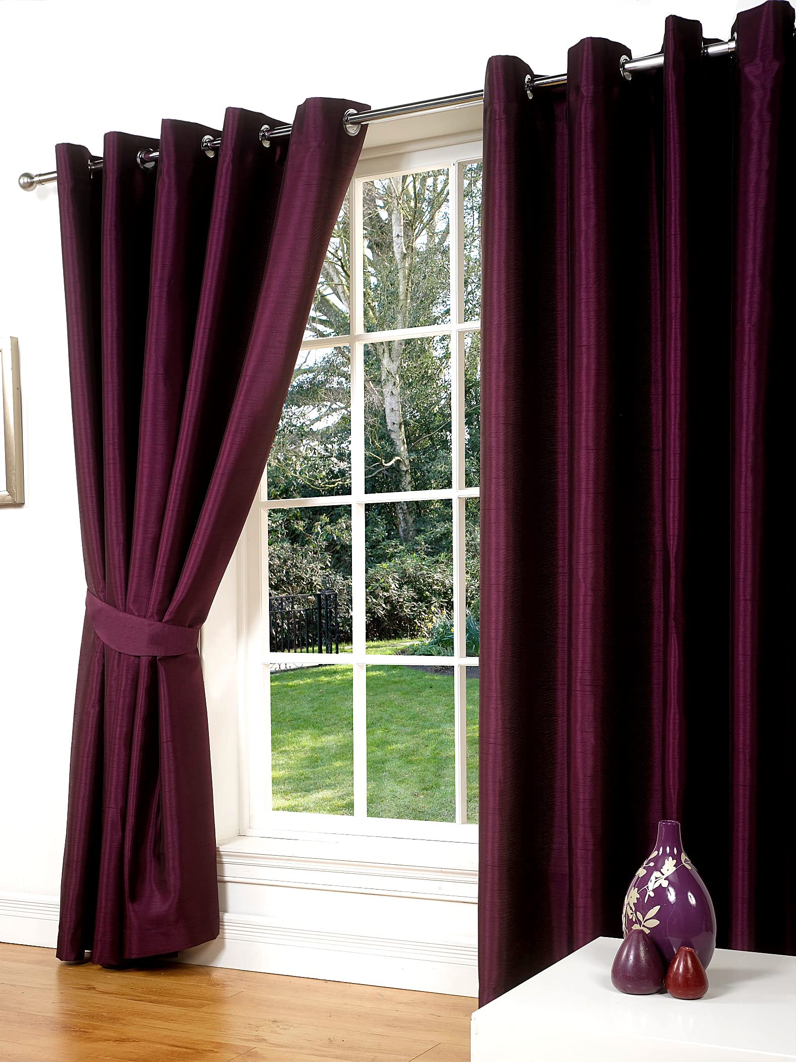Littens 46" x 72" (117cm x 183cm) Luxury Aubergine Purple Faux Silk Slubb Effect Eyelet, Ring Top Pair Curtains, Lined Inc Tiebacks Lightweight