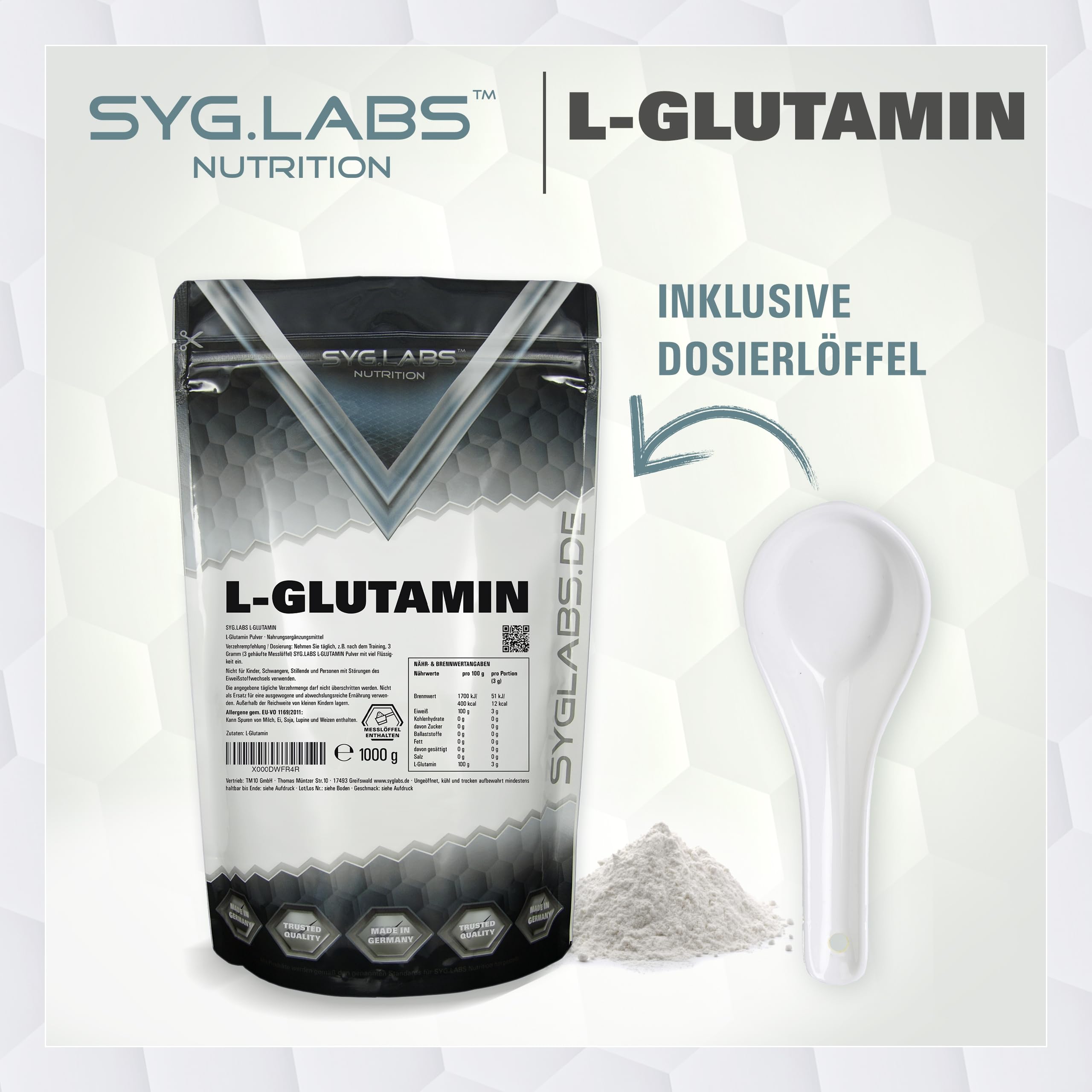 L-Glutamin Pulver 100% rein - 1000g Aminosäure Glutamine - 1kg - ohne Zusatzstoffe - vegan - mit Messlöffel - Glutamin - laborgeprüft