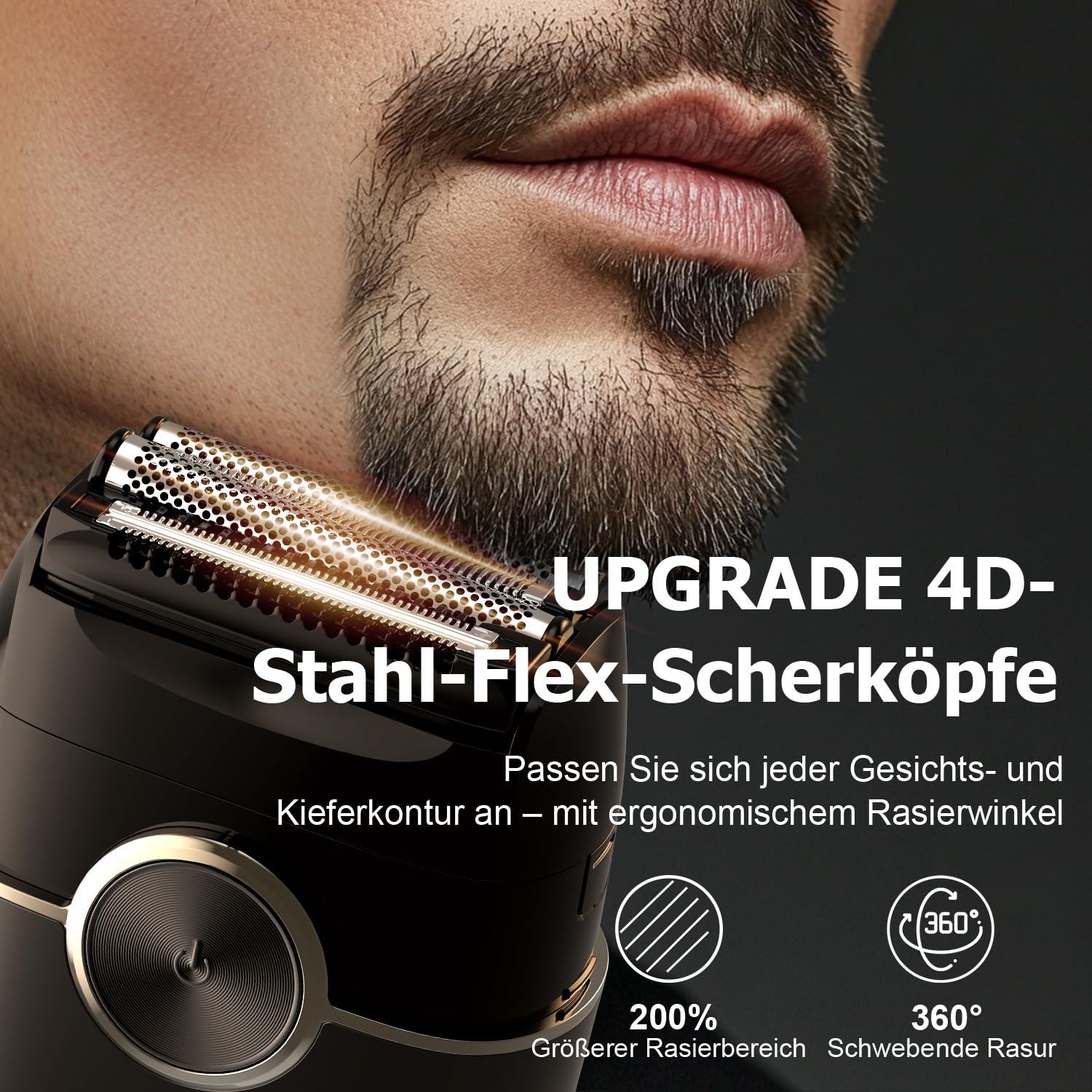 Elektrorasierer Herren – Folienrasierer mit 4 flexiblen Klingen– IPX7 wasserdicht (Nass/Trocken) – Kabelloser Kopfrasierer mit Akku & schneller Ladung