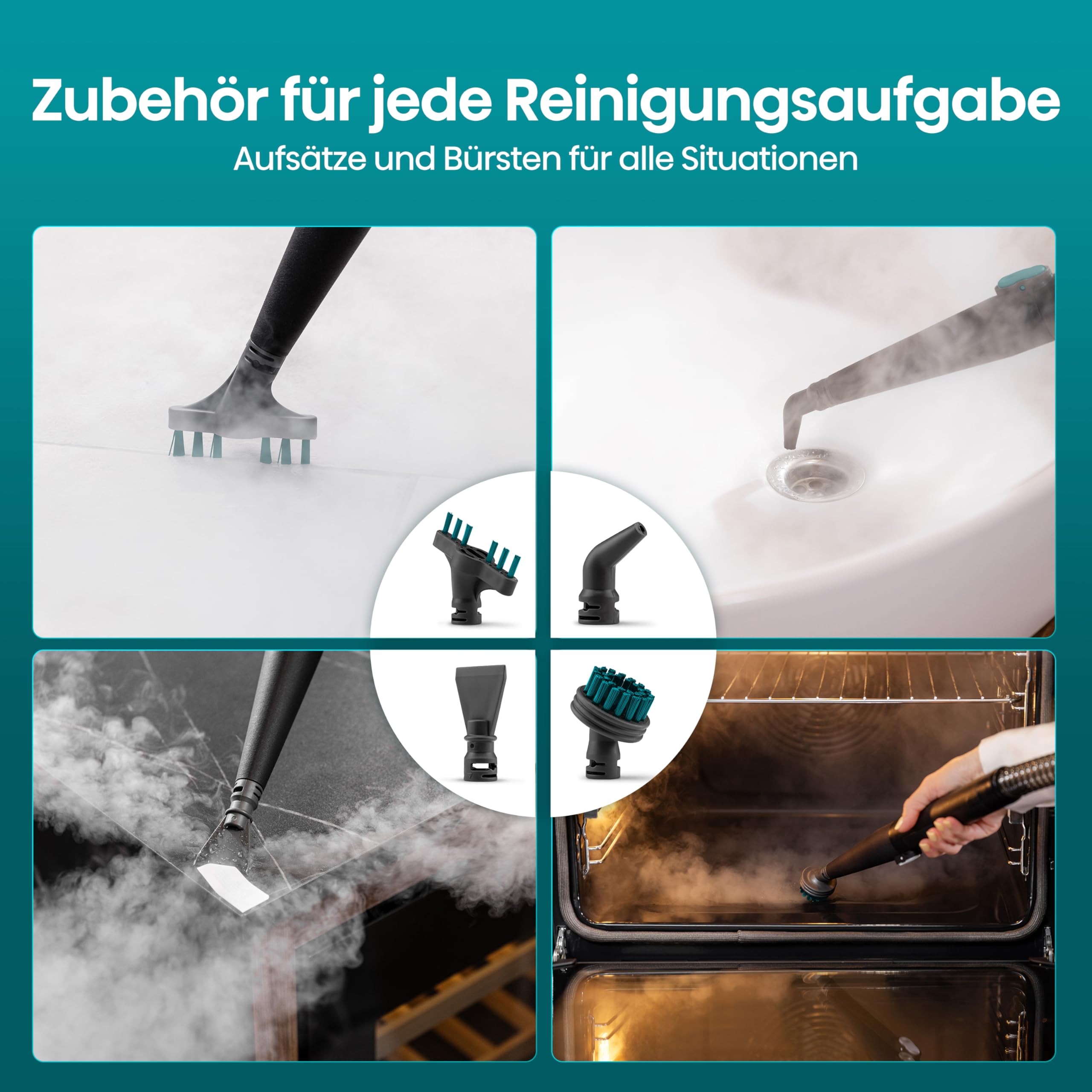 Hisense HSSC007A Dampfreiniger/ 1,8 L Wassertank/ 1500 W/ 2 in 1 Flecken- und Dampfreiniger/ 4 Reinigungsmodi/Kompakt/Selbstreinigungsfunktion/Fugenbürste, Detaildüse, Schaber und Universalbürste