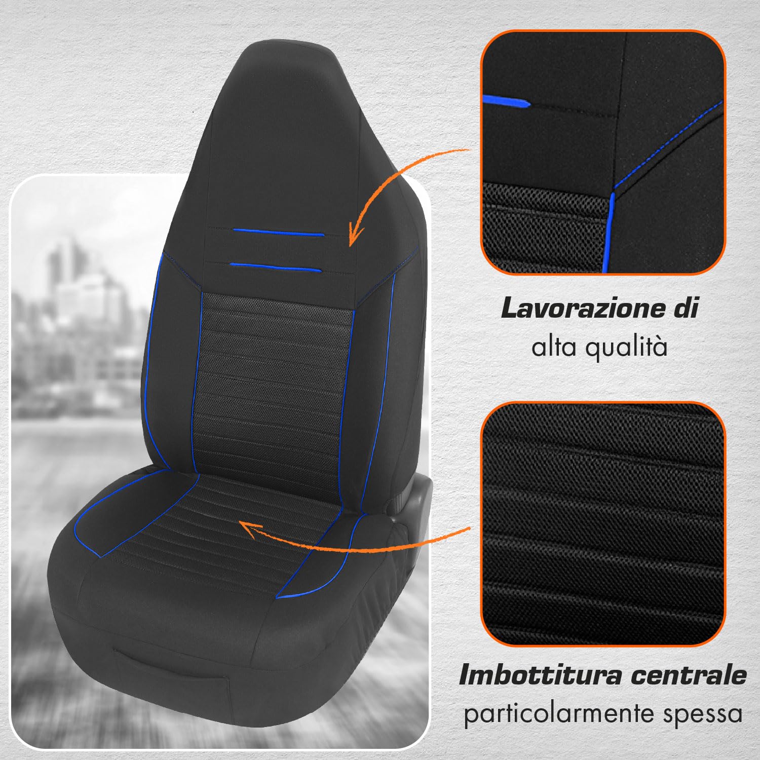 Upgrade4cars Coprisedili Auto Universale con Poggiatesta Integrato Nero Blu | Set Copri-sedile Universali per Anteriori e Posteriori Poggia-testa non Rimovibili/Fissi