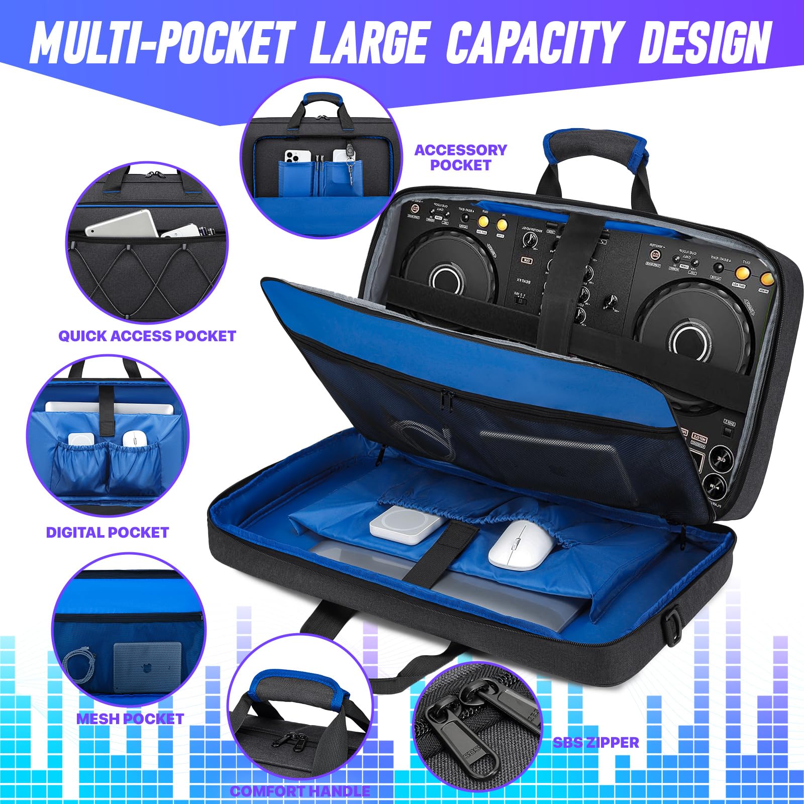 RUCYEN Borsa per DJ DDJ-FLX4/DDJ 400/DDJ REV1, borsa a tracolla imbottita con 4 tasche, per laptop da 15,6 pollici, cavi, custodia per mixer DJ con tracolla regolabile per attrezzatura DJ