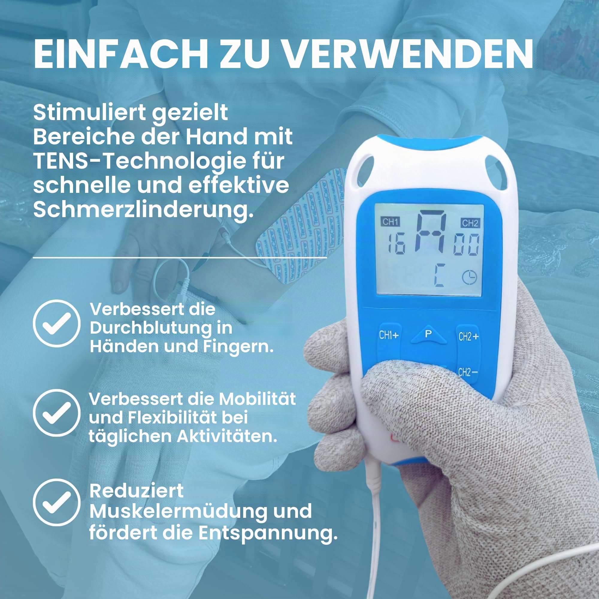 TensCare Perfect TENS Tens-Gerät zur Linderung von Rücken-, Hüft-, Bein-, Arm-, Arthritis- und Ischiasschmerzen, inkl. Handschuh für Arthritis an der Hand