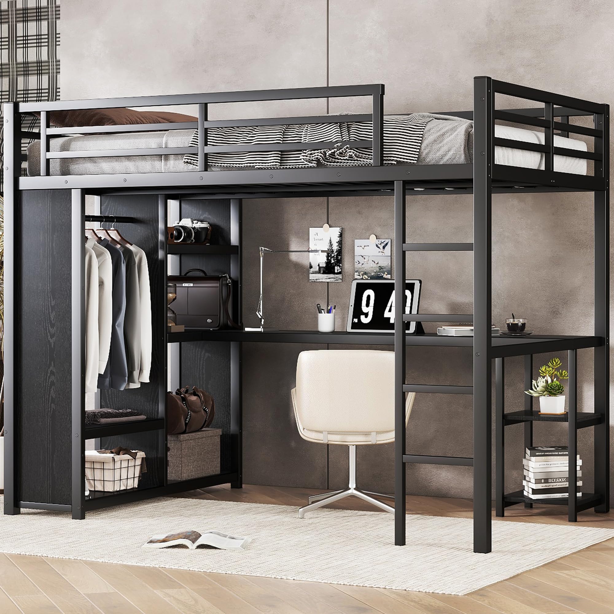 Full Size Loft Bed with Desk and Storage Shelves, Full Size Loft Bed with Wardrobe, Hanging Rod, Guardrail and Ladder, Balck