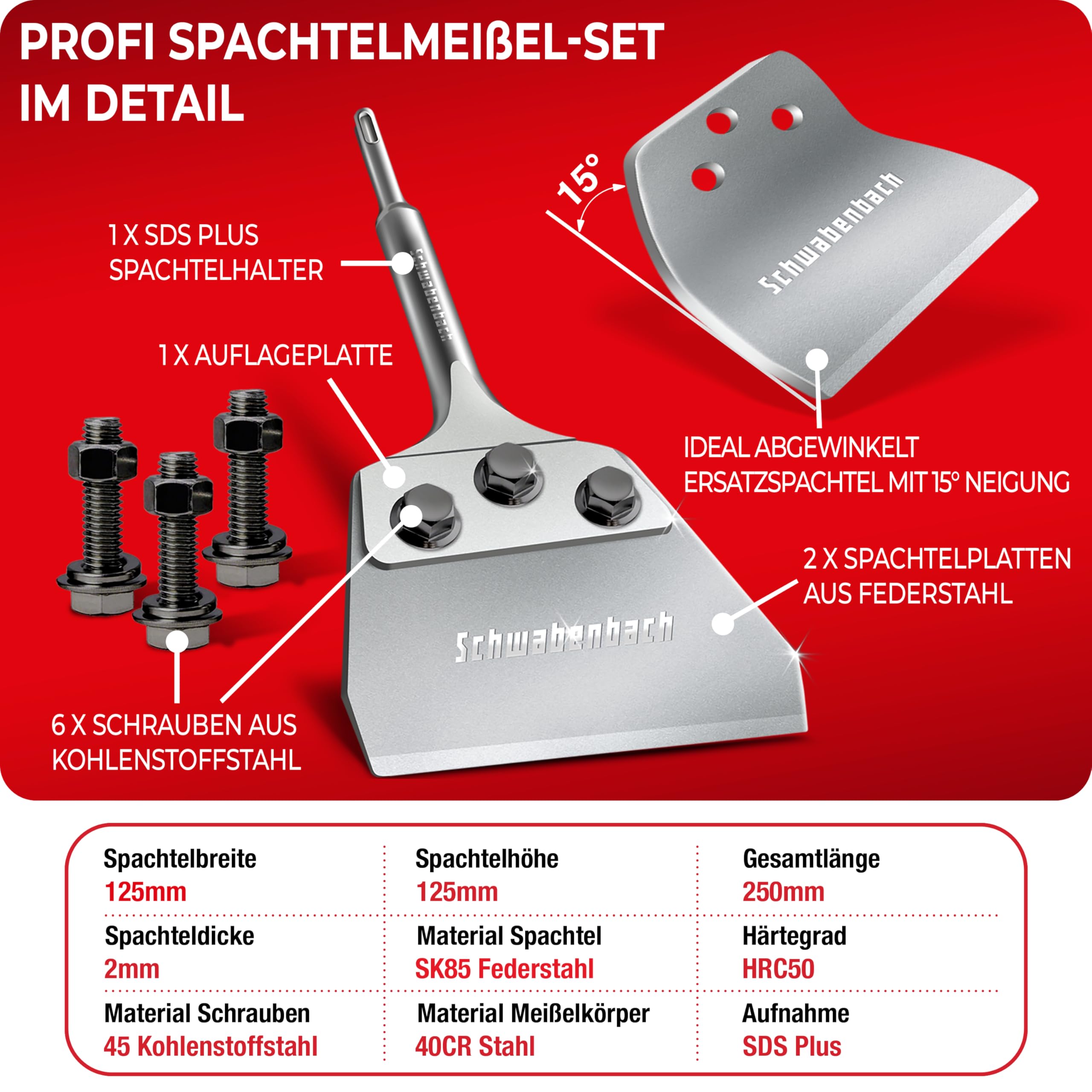 SCHWABENBACH® Scalpello Raschietto SDS Plus 125 x 250 mm – Spessore 2 mm – Con Lama di Ricambio e Viti – Raschietto Professionale per Rimuovere Moquette, PVC, Vernice e Colla per Piastrelle