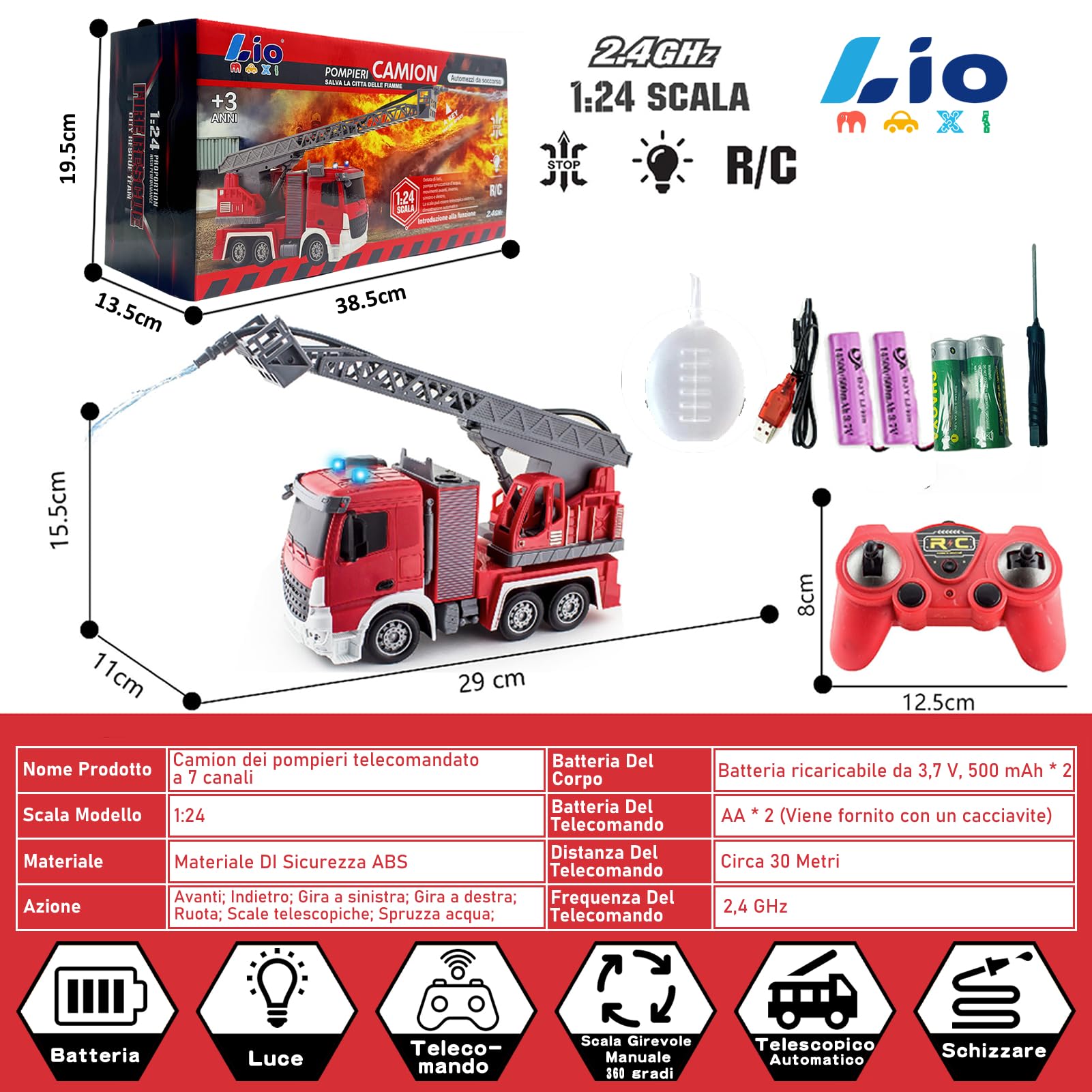 Scala 1:24 telecomandata Giocattolo camion pompieri,con pompa spruzzatrice d'acqua, Camion pompieri radiocomandato con scala estensibile e luci, Scala girevole Manuale, Ricaricabile,Rosso