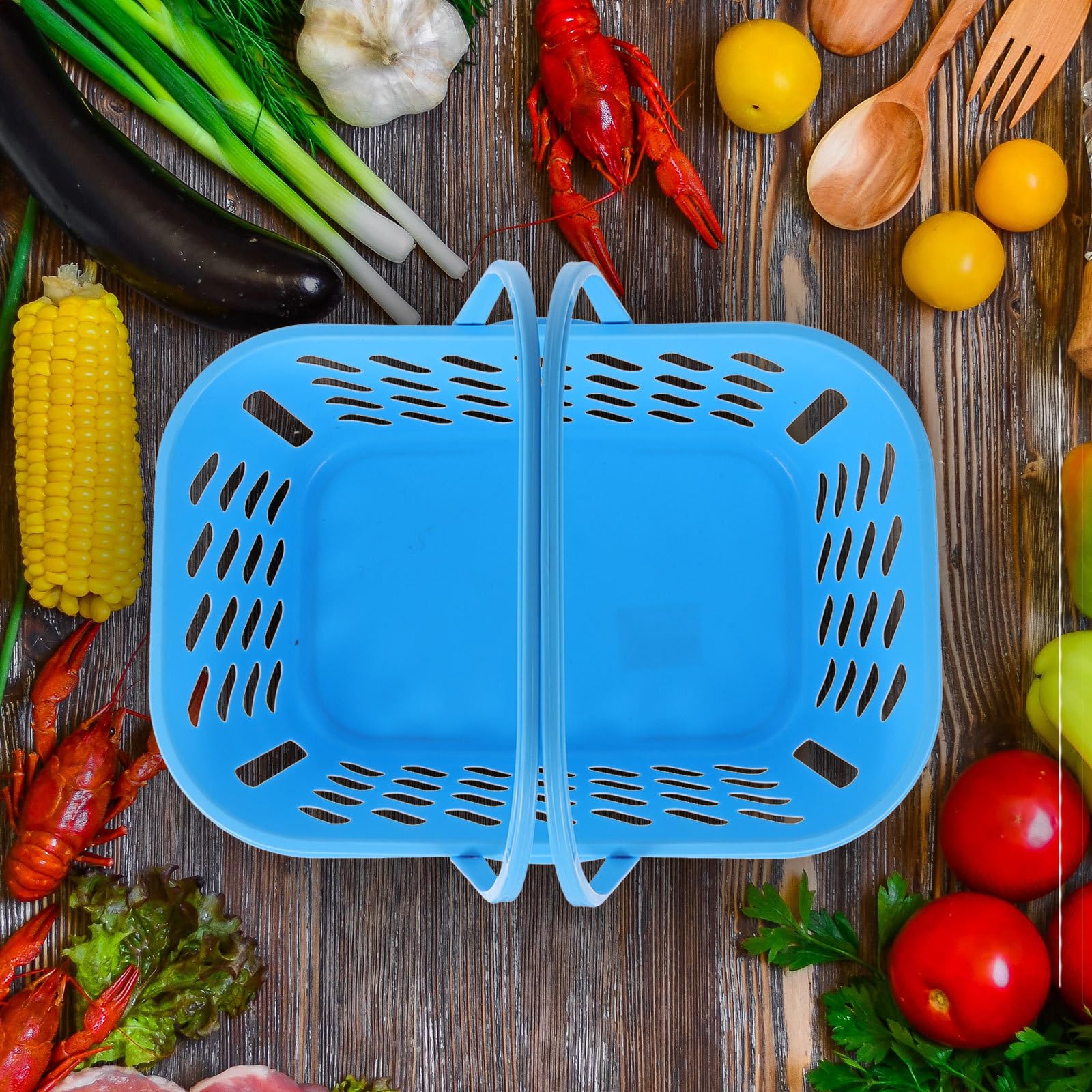 BETOOKY Cesta de Plástico Compra 10l Pequeña Color Azul Lago Doble Asa, Cesta de Almacenamiento Portátil para Supermercado y Organización del Hogar